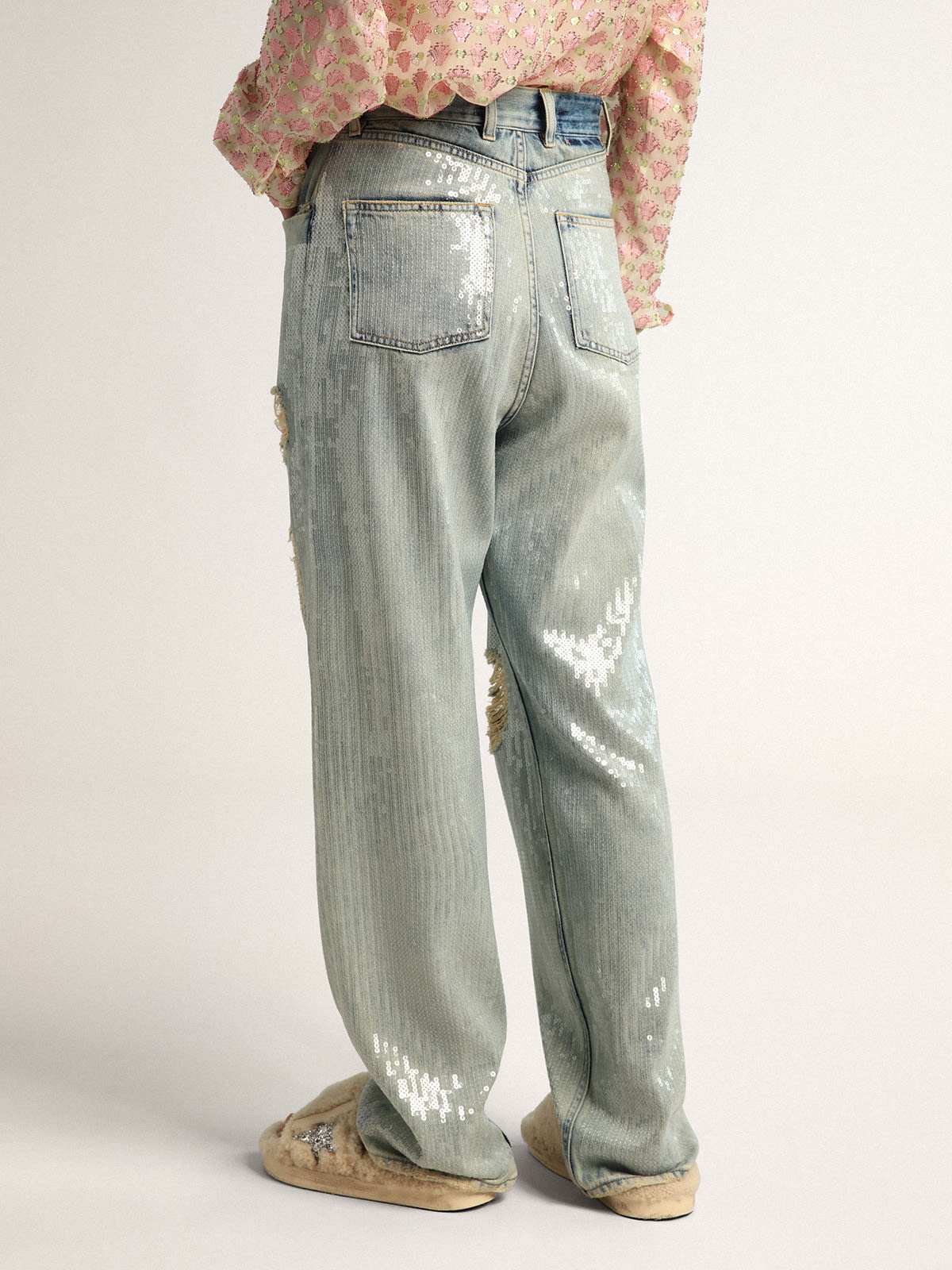 Journey Collection jeans in distressed-effect light blue denim with all-over sequins - 4