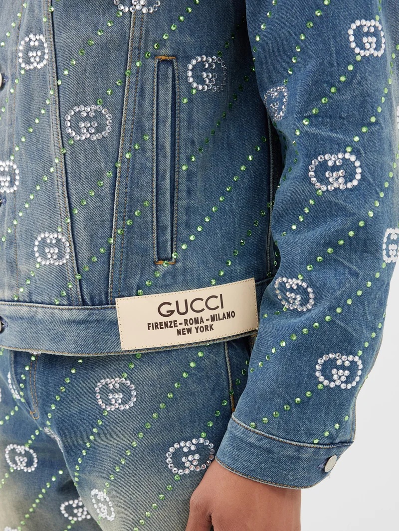 Interlocking G Crystal Embellished Denim Jacket in Blue - Gucci