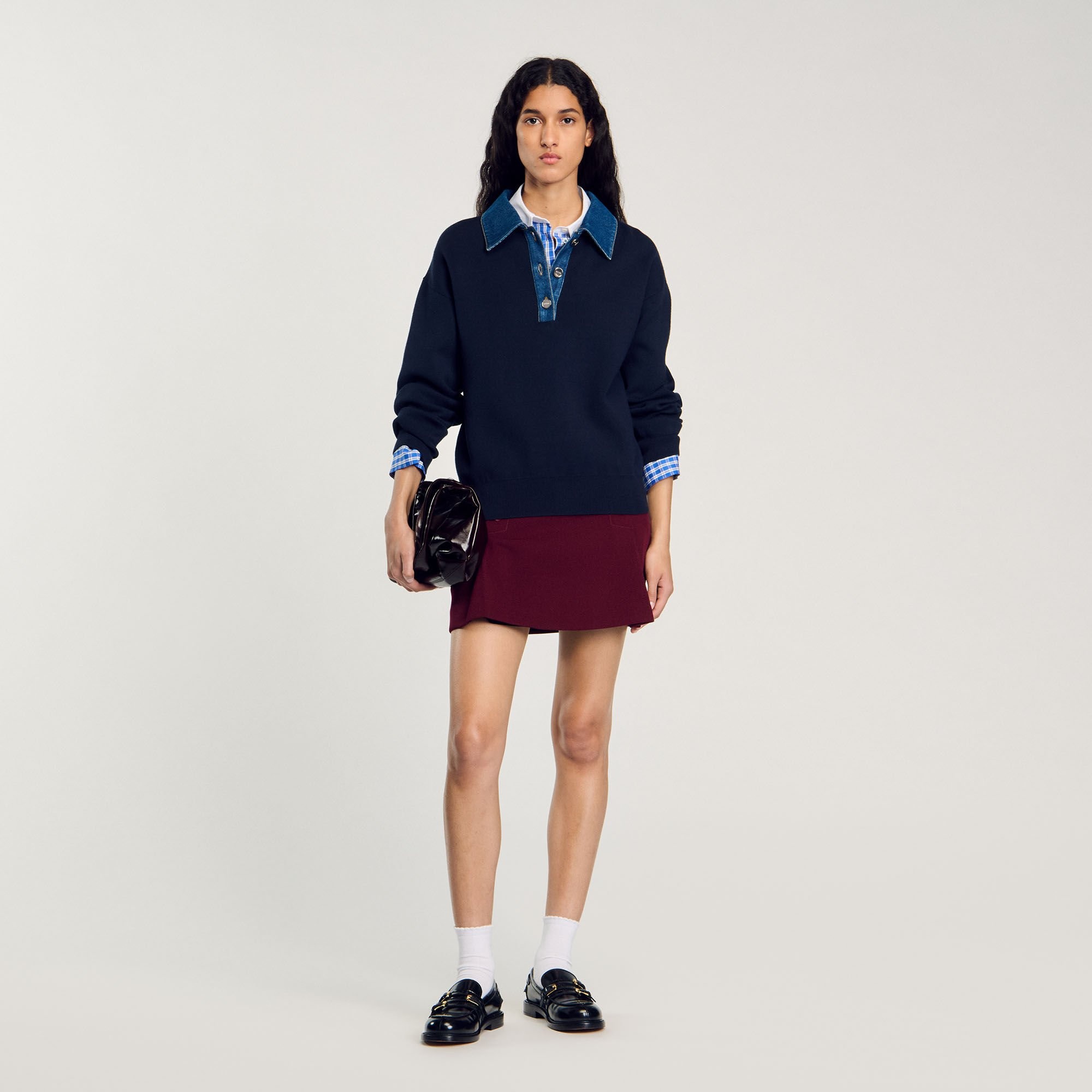 SWEATER WITH DENIM COLLAR - 1