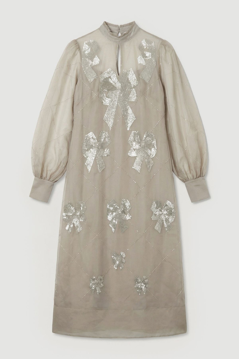 Plus Size Crystal Embellished Organdie Balloon Sleeve Midi Dress - 1