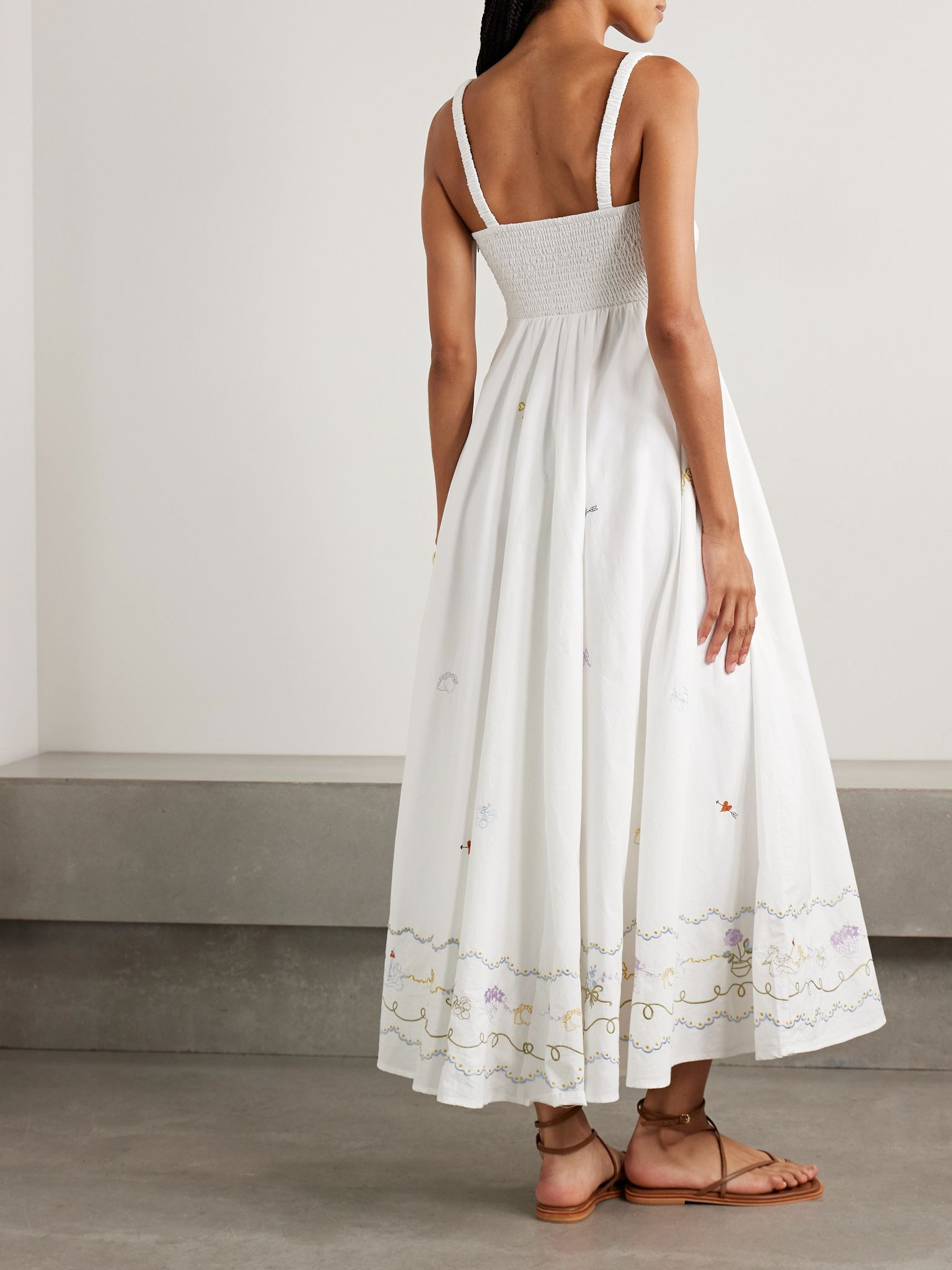 Giulia shirred embroidered organic cotton-poplin maxi dress Cream - 3