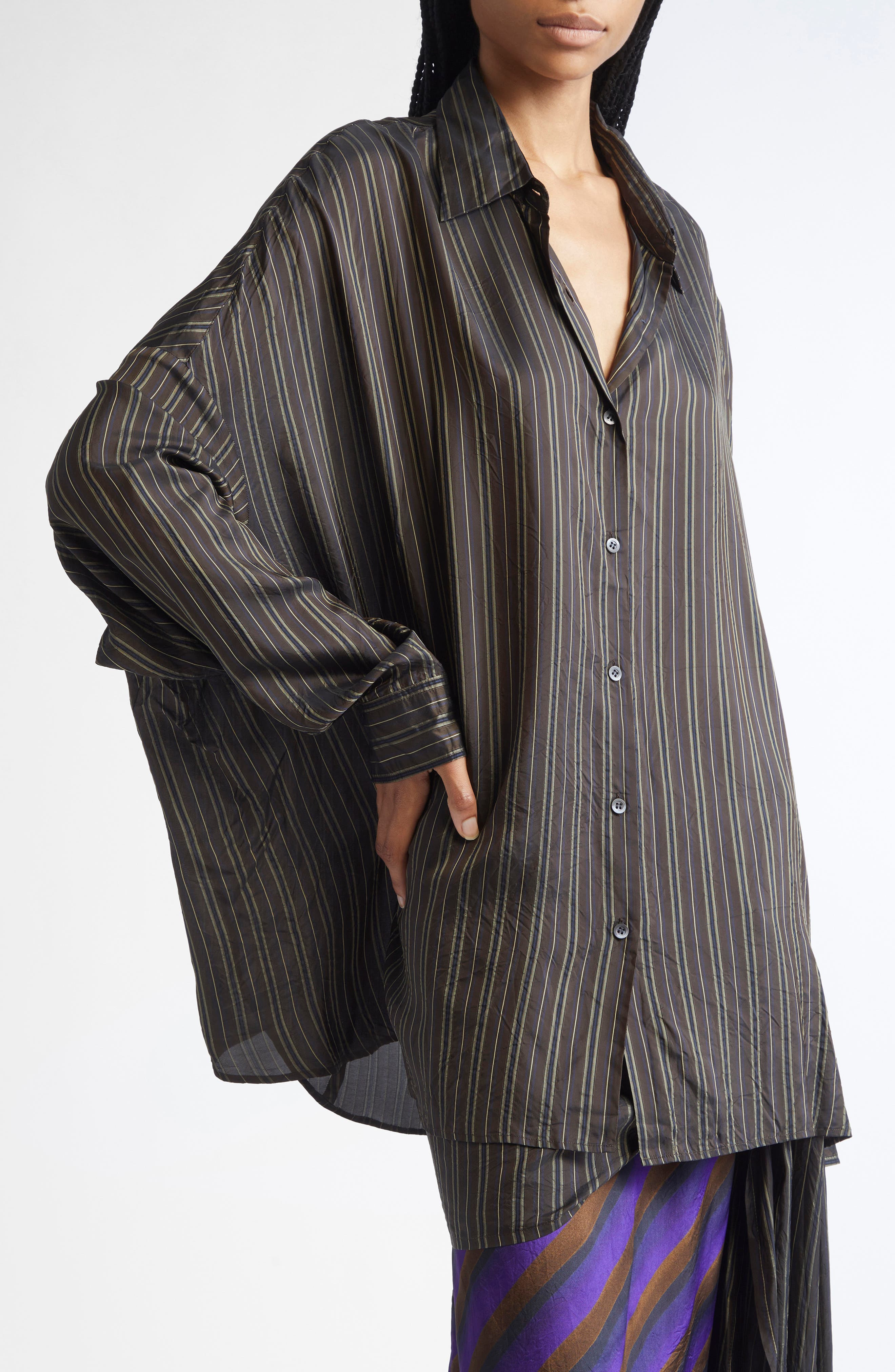 Dries Van Noten Casia Stripe Oversize Cupro Cocoon Shirt in Brown at Nordstrom - 5