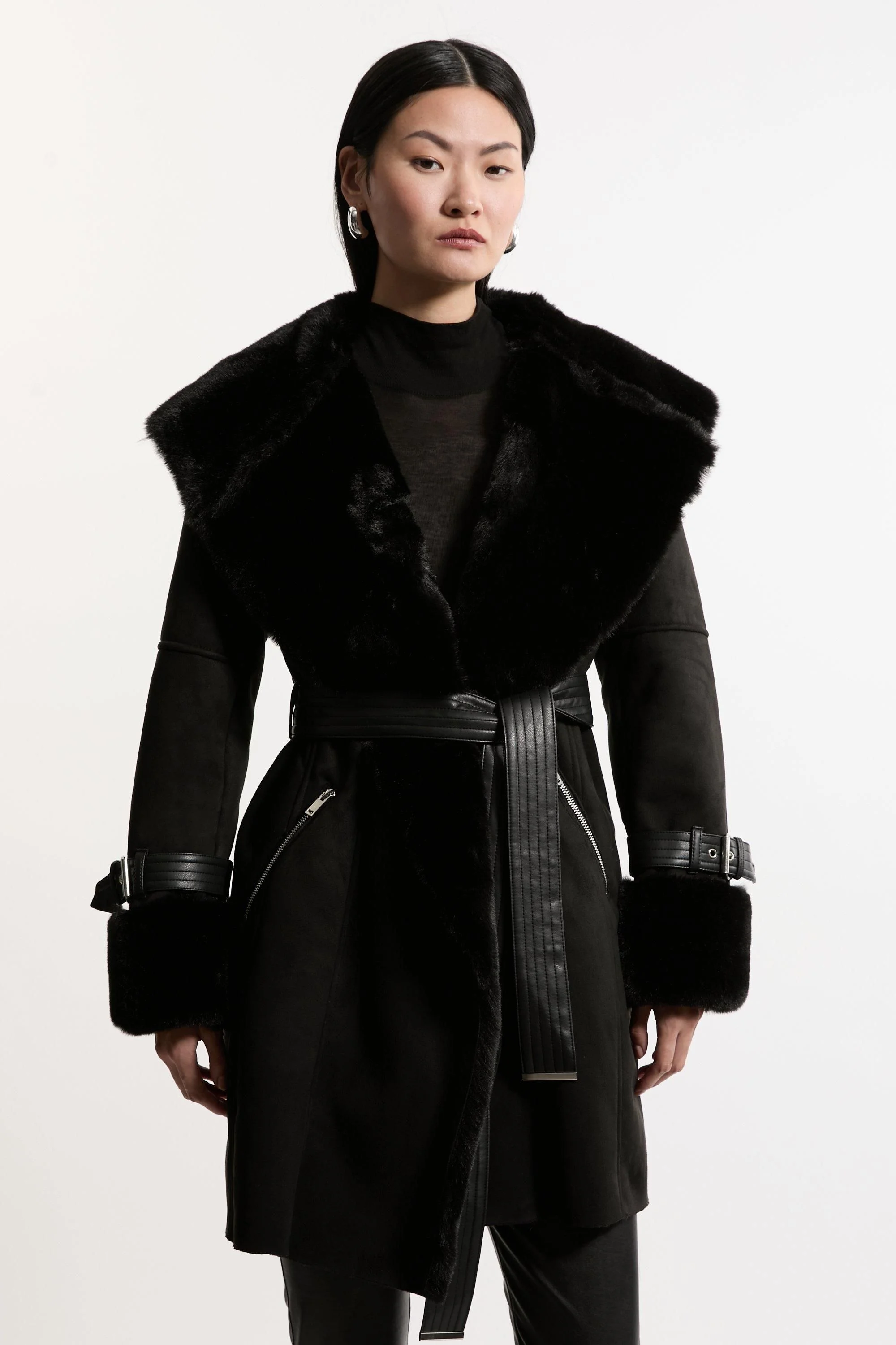Faux Shearling Collar & Cuff Belted Short Coat - 1