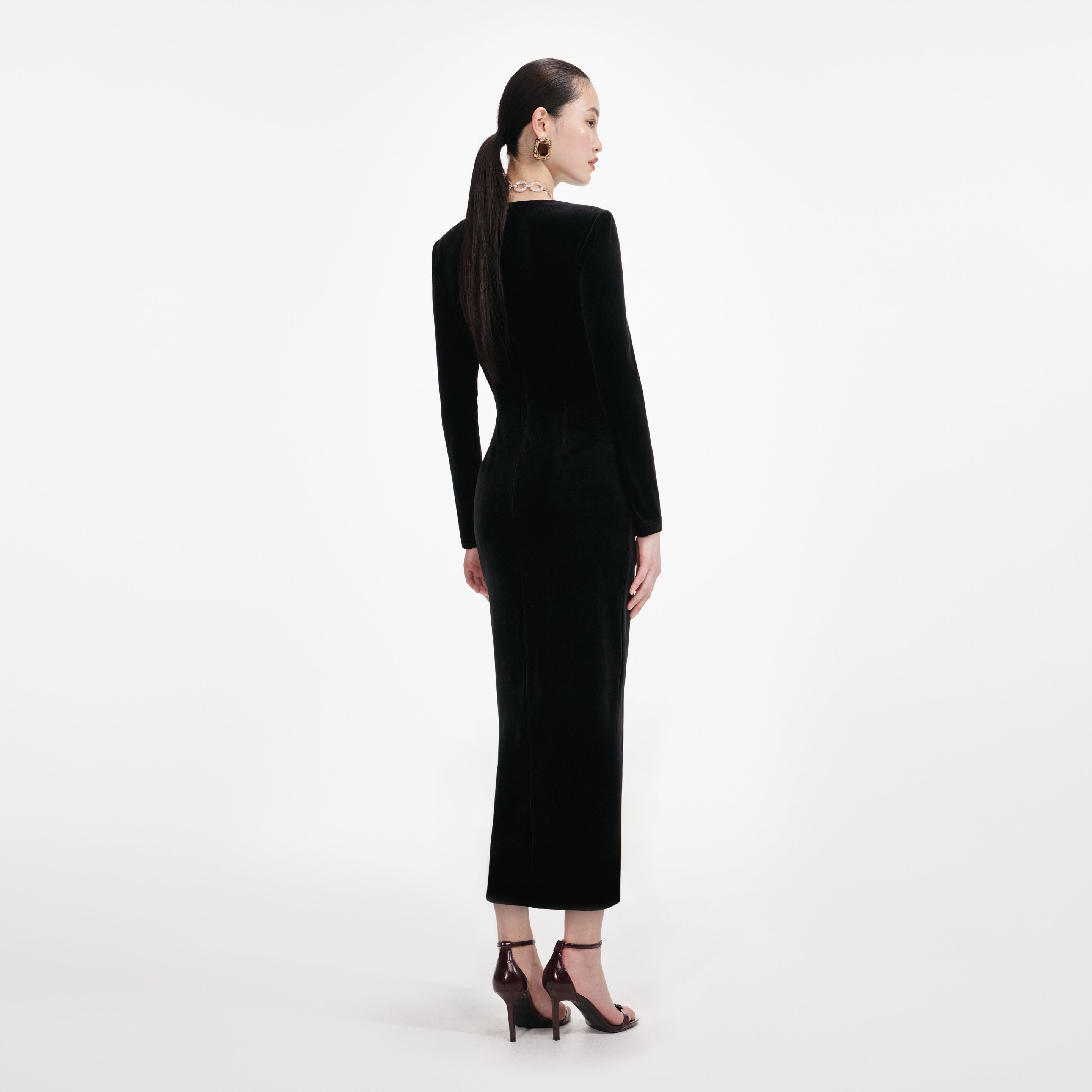 Black Velvet Embellished Midi Dress - 3