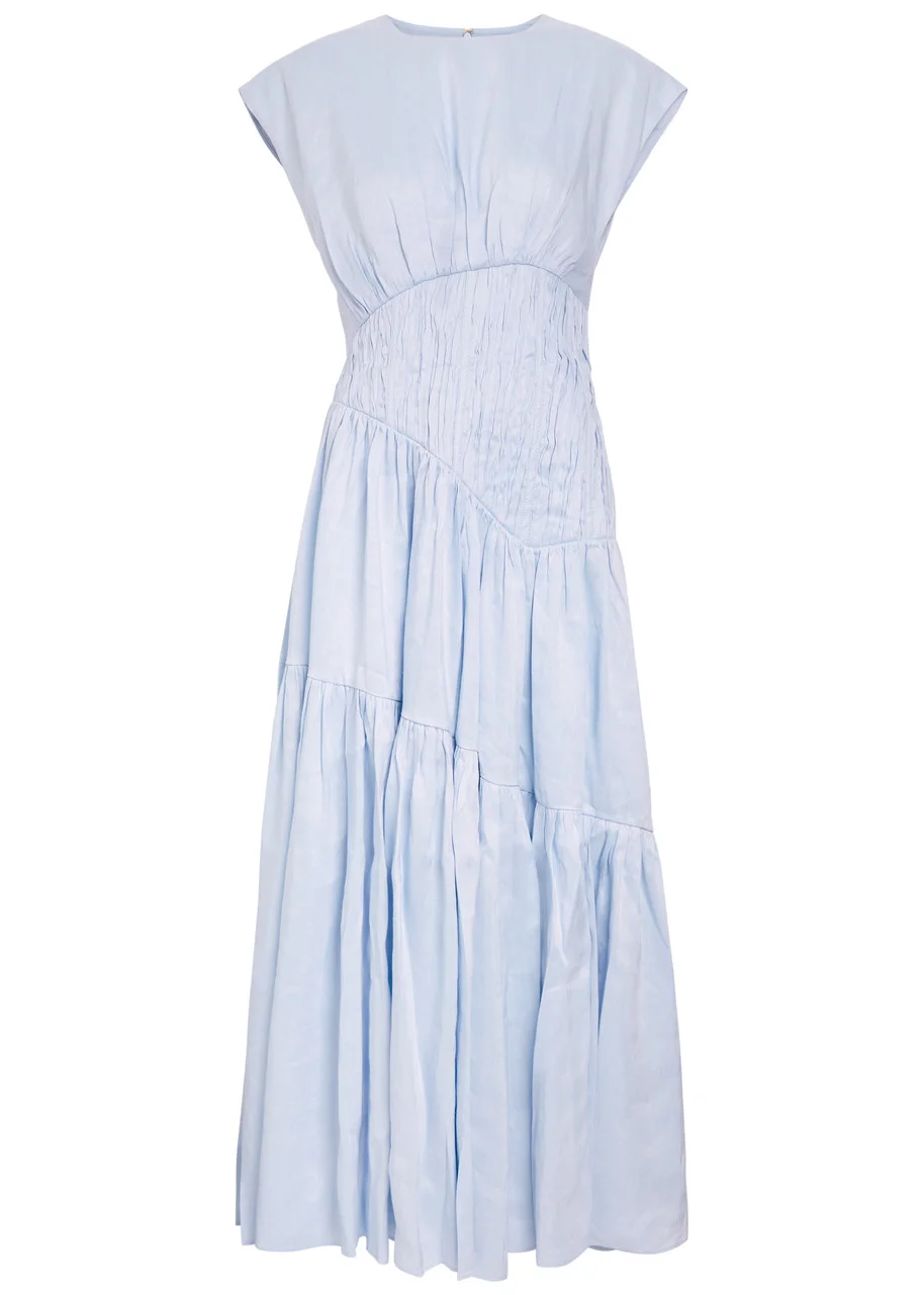 Aje Ecliptica Shirred Linen-blend Midi Dress - 1