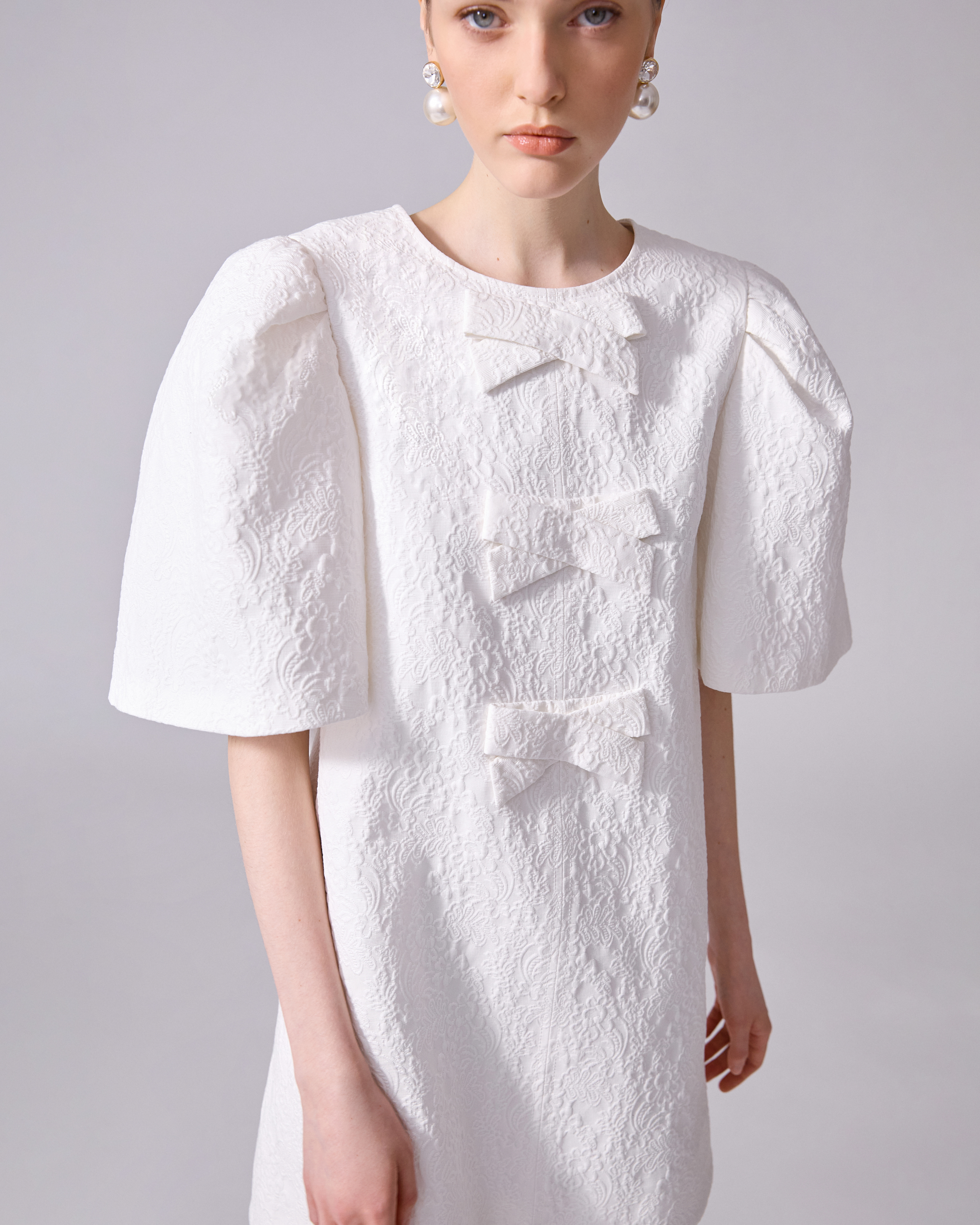 Floral Cloque Mini Dress With Bows - 5