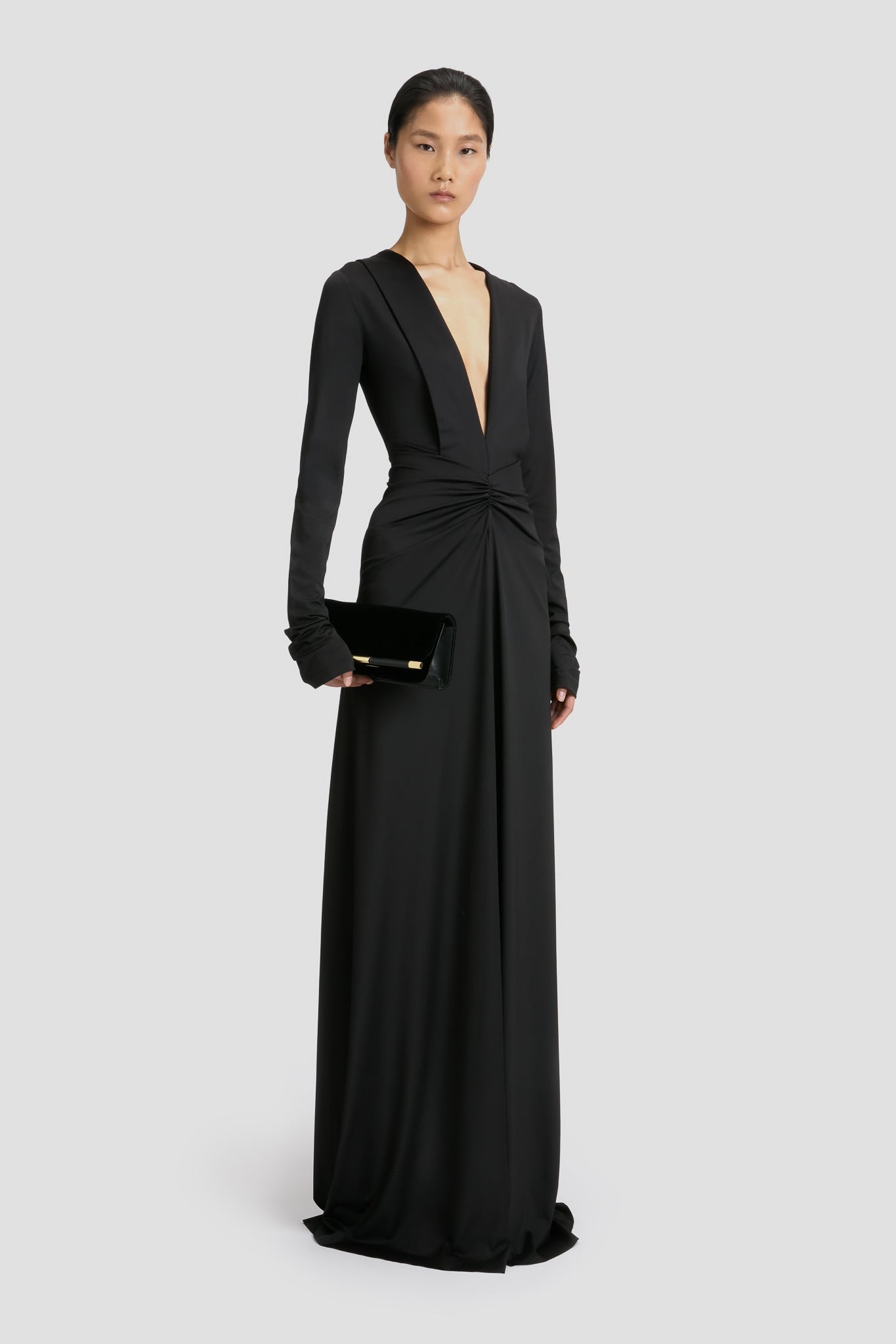 Long Sleeve Deep V-Neck Gown In Black - 4