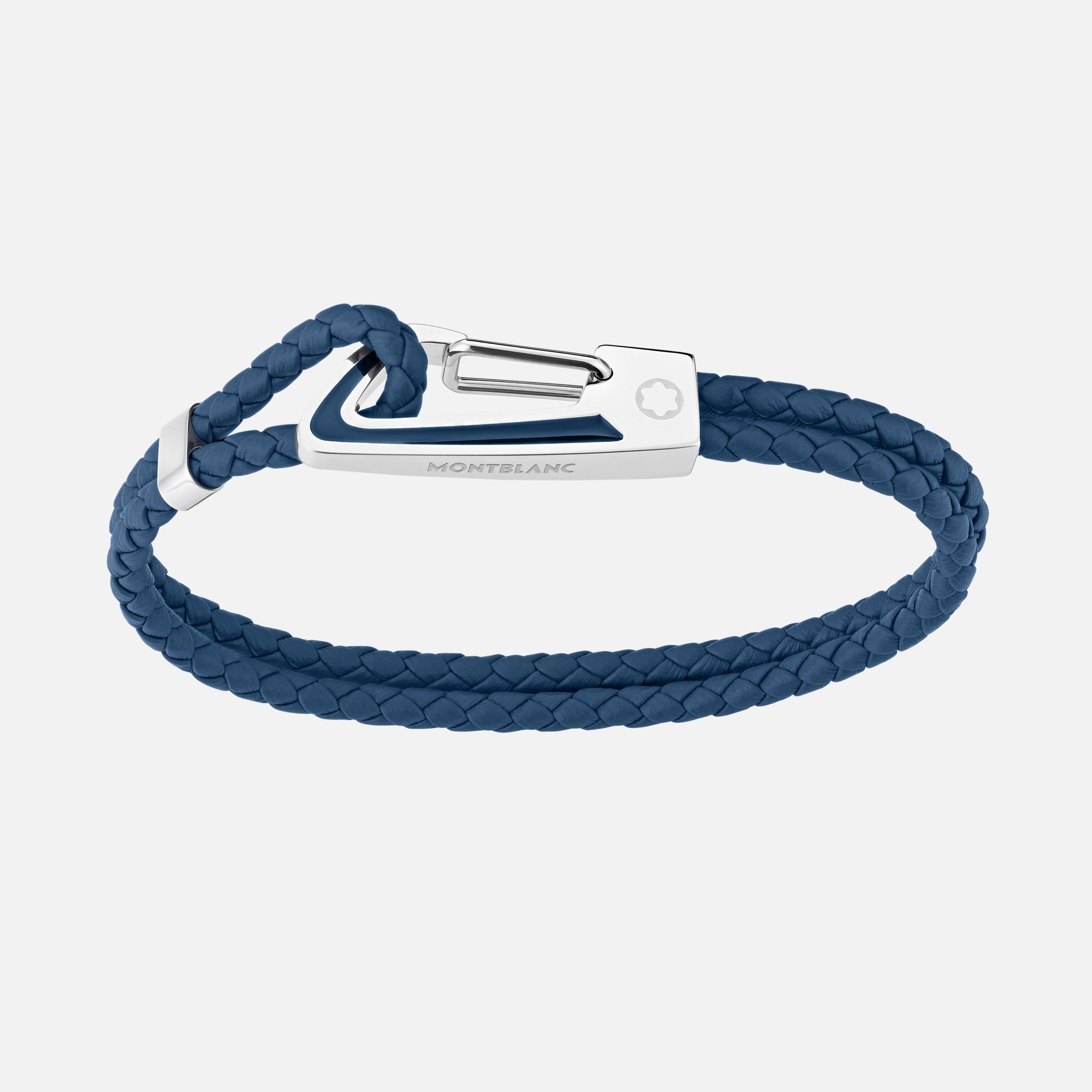 Bracelet in Woven Blue Leather with Steel Carabiner Closure and Blue Lacquer Inlay - 1