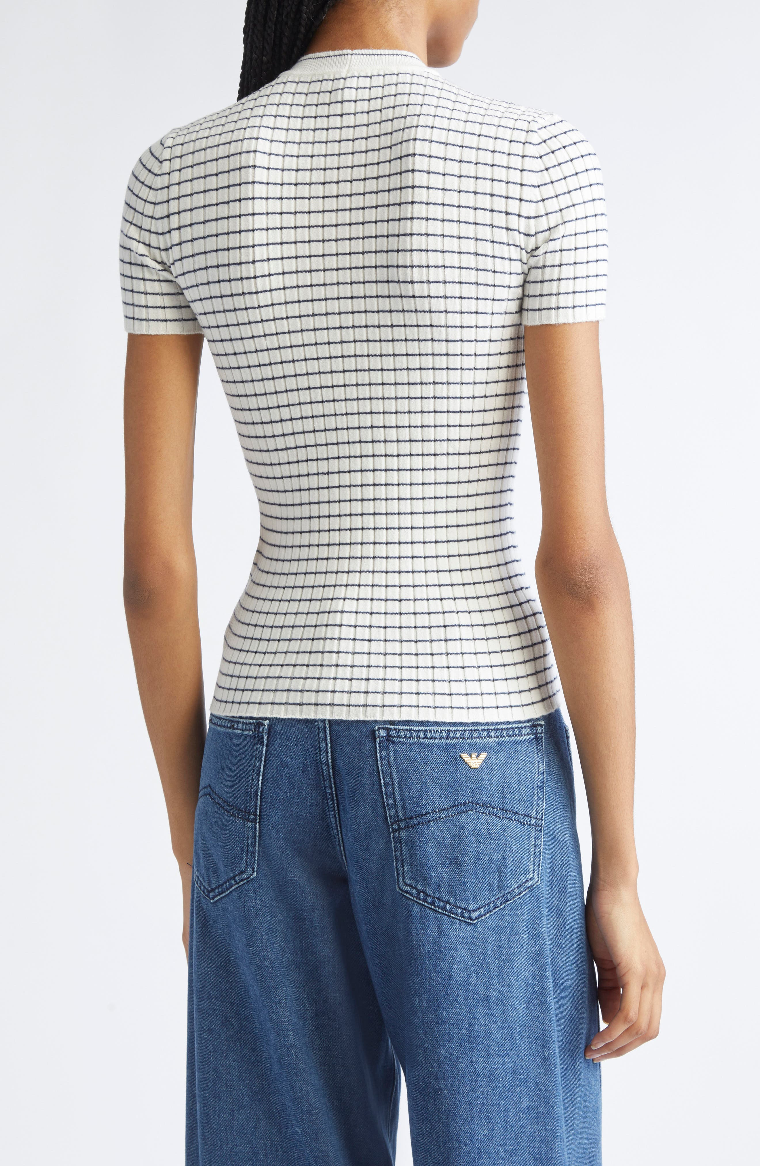Emporio Armani Stripe Rib Crewneck Top in Solid White at Nordstrom - 2