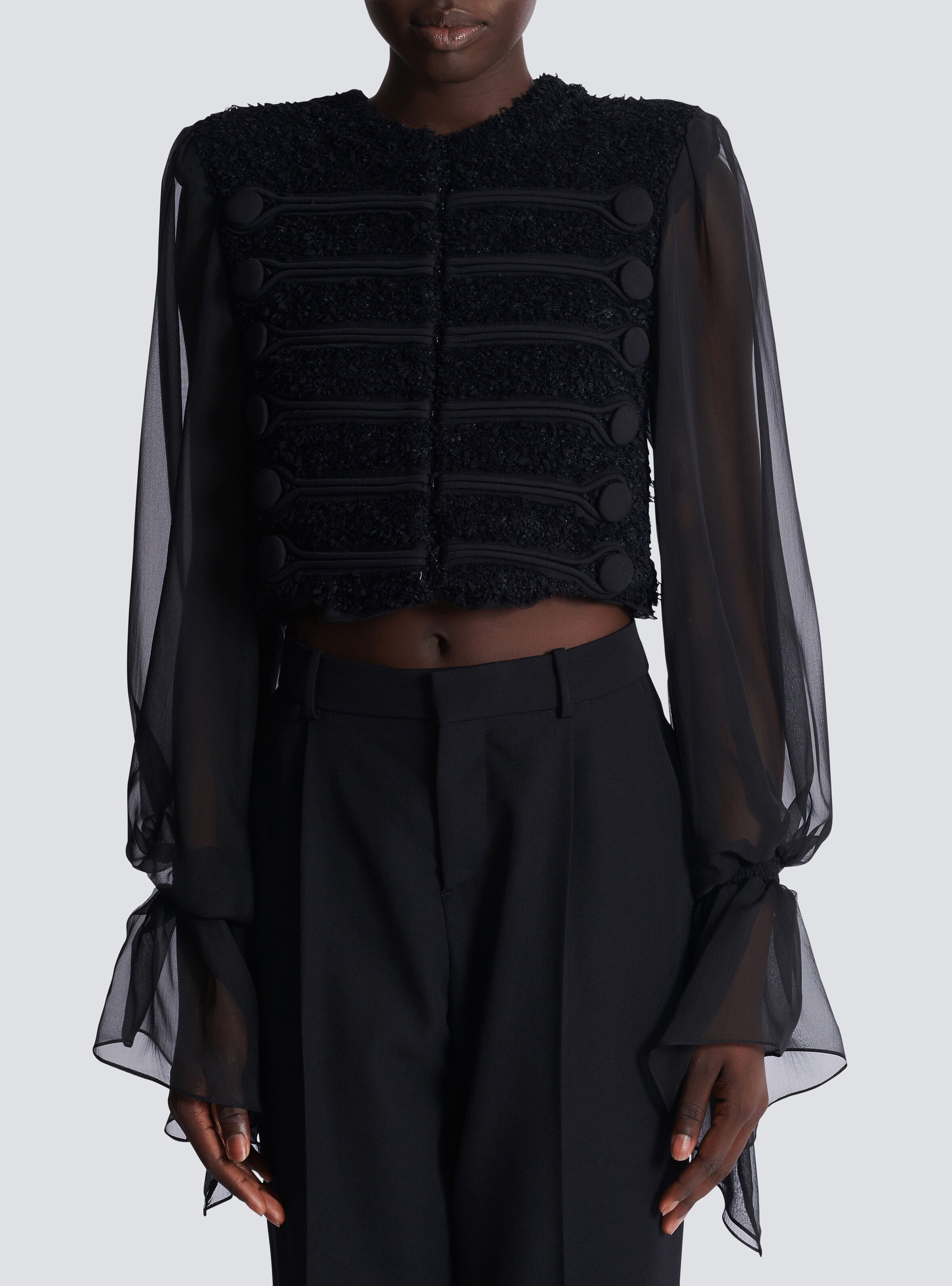 Edge-to-edge tweed and chiffon jacket - 5