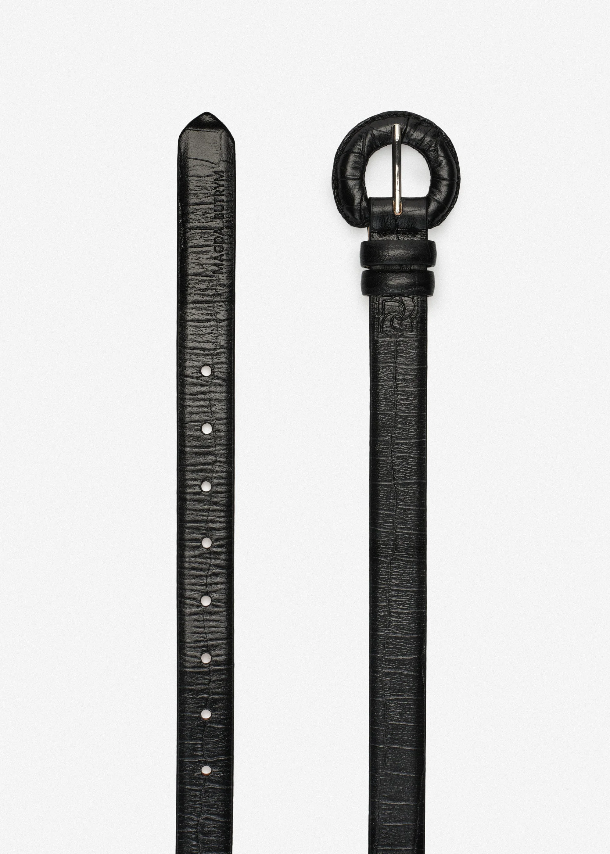 Croc-effect leather belt with rounded buckle in black - 1