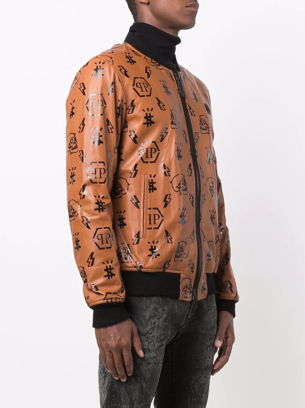 monogram-print leather bomber jacket - 3