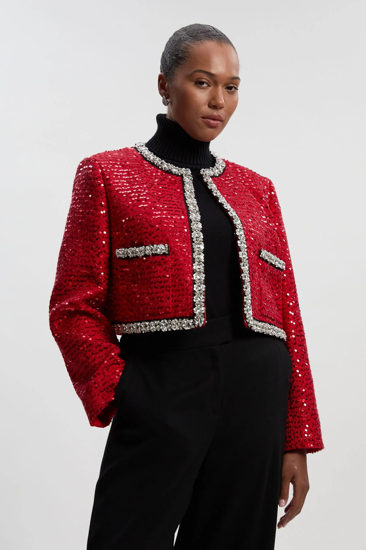 Plus Size Tailored Sequin Tweed Embellished Cropped Jacket - 1