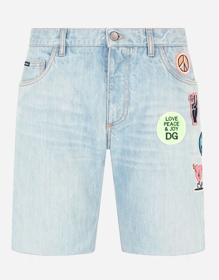 Light blue denim shorts with multiple patches - 1