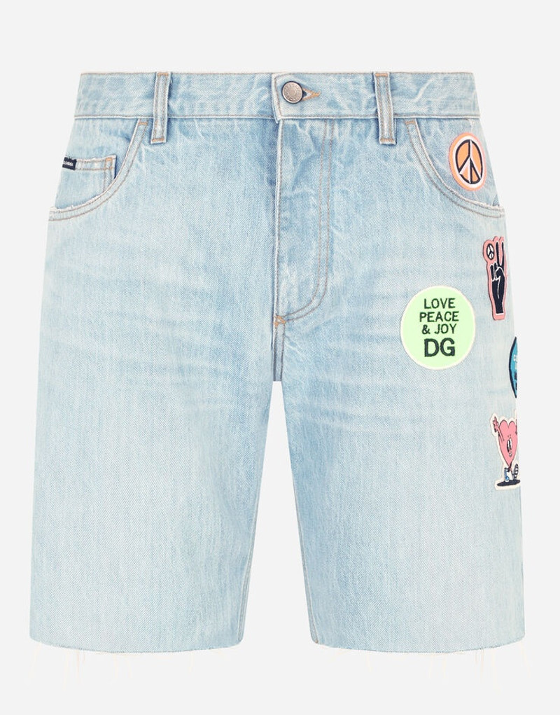 Light blue denim shorts with multiple patches 1