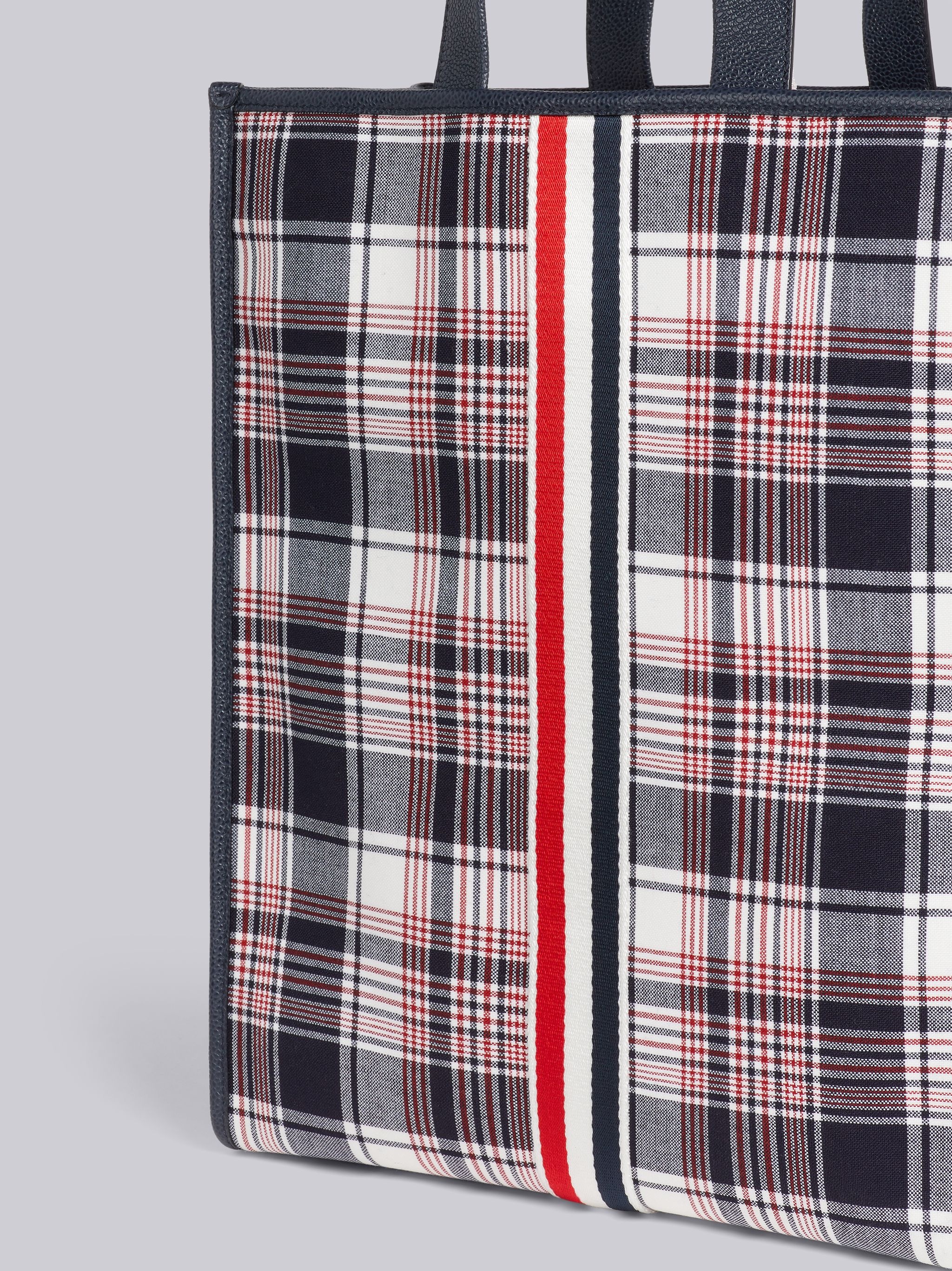 Multicolor Hairline Madras Check Suiting Webbing Stripe Vertical Tote - 2