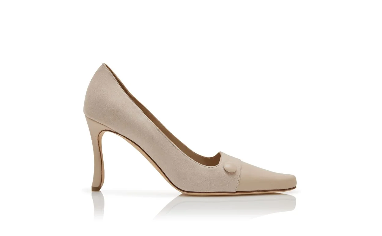 Beige Suede Button Detail Pumps - 1