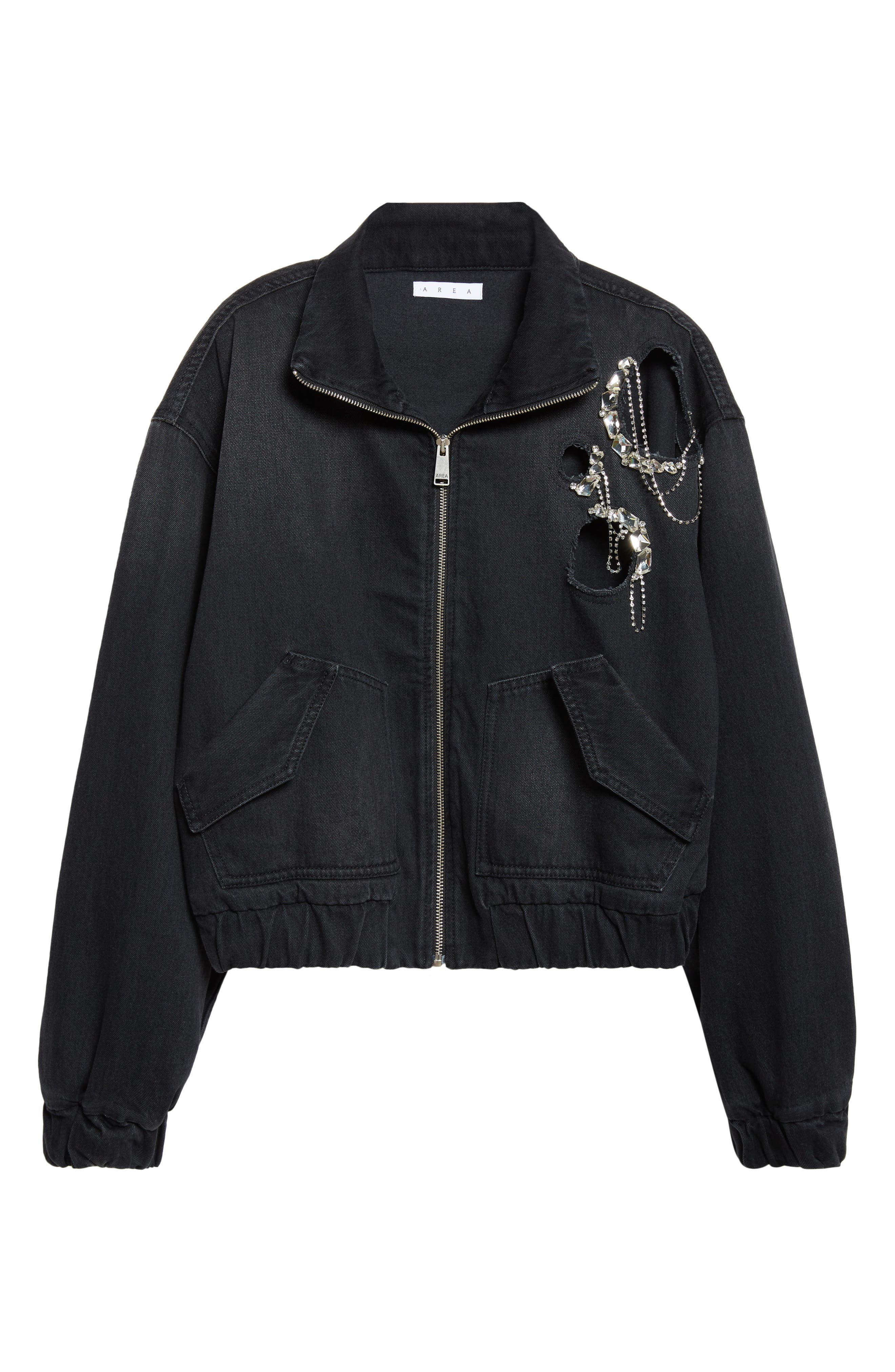 Area Crystal Chain Cutout Denim Bomber Jacket in Washed Black at Nordstrom - 6
