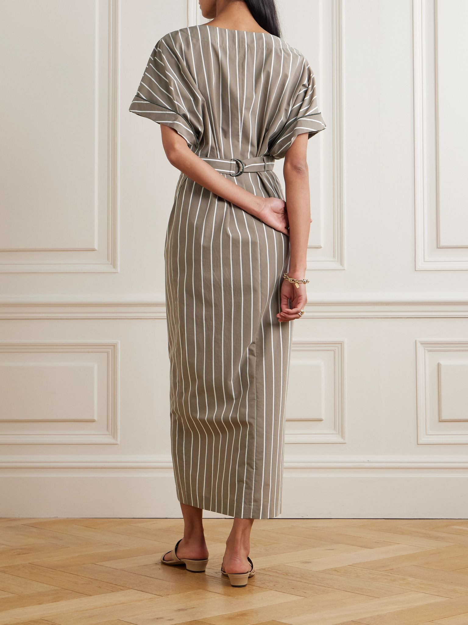 Striped cotton-blend poplin wrap midi dress Brown - 3