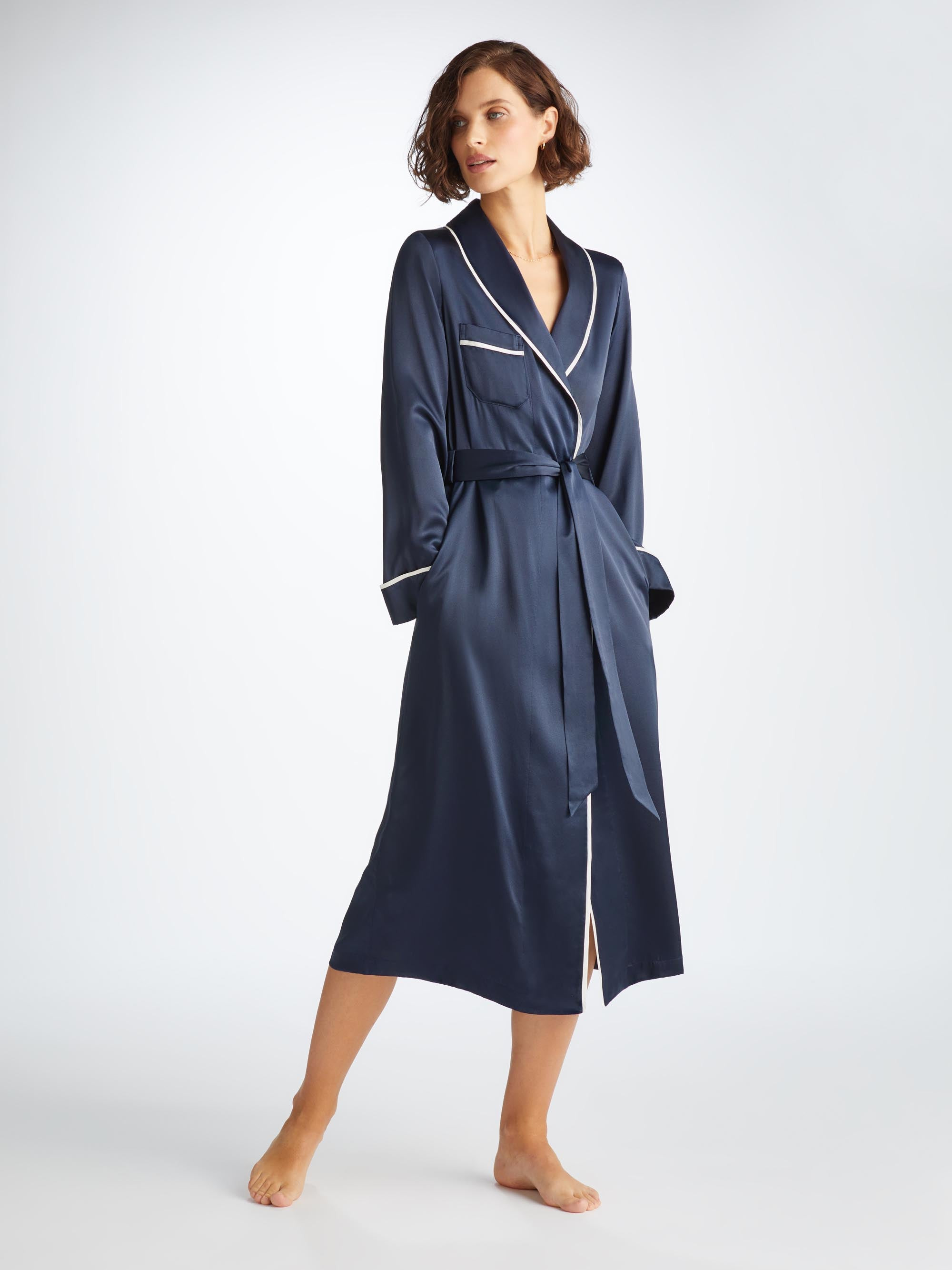 Women's Long Dressing Gown Bailey Silk Satin Navy - 2