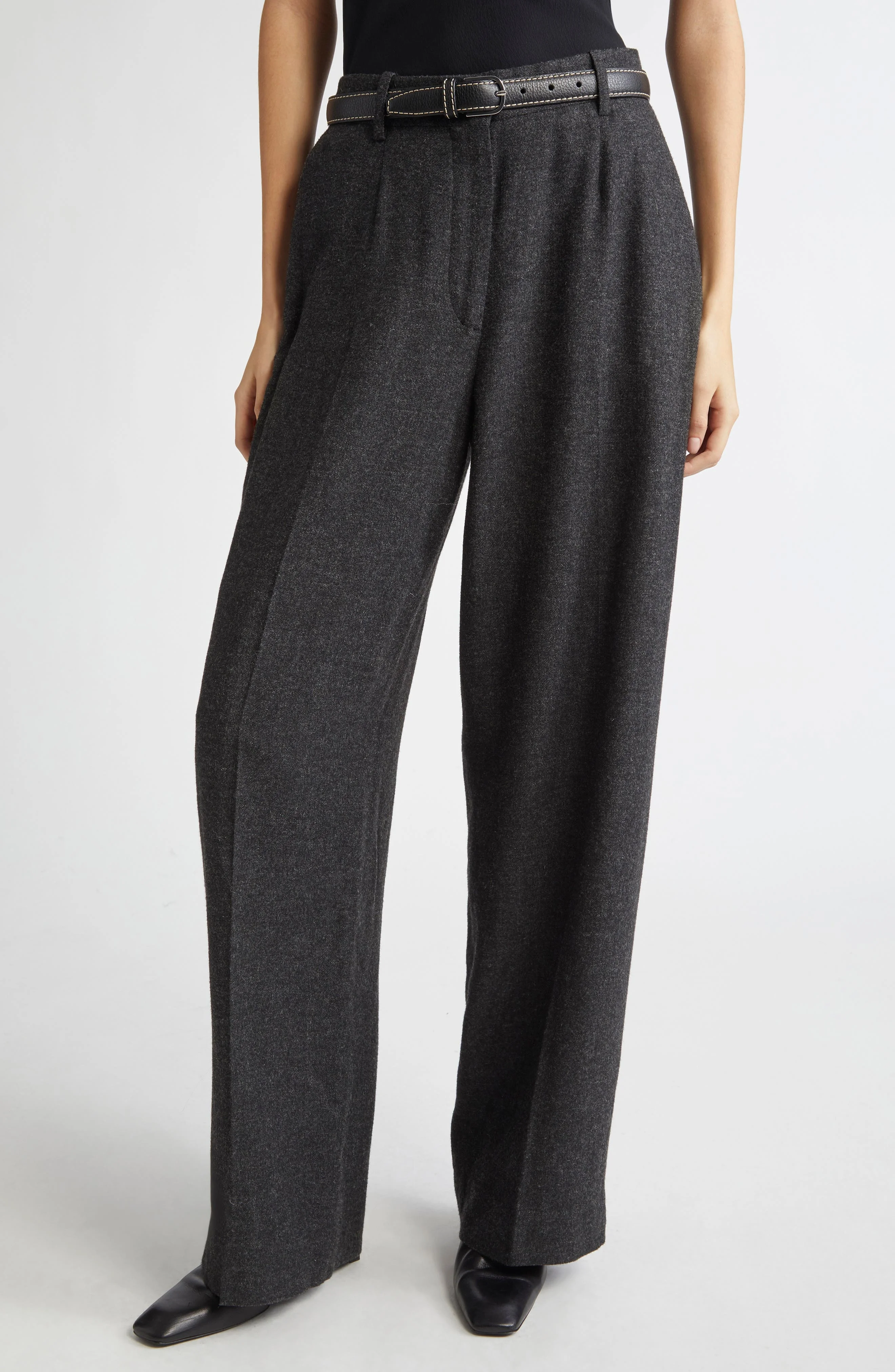 TOTEME Wide Leg Flannel Trousers in Charcoal Melange at Nordstrom - 1