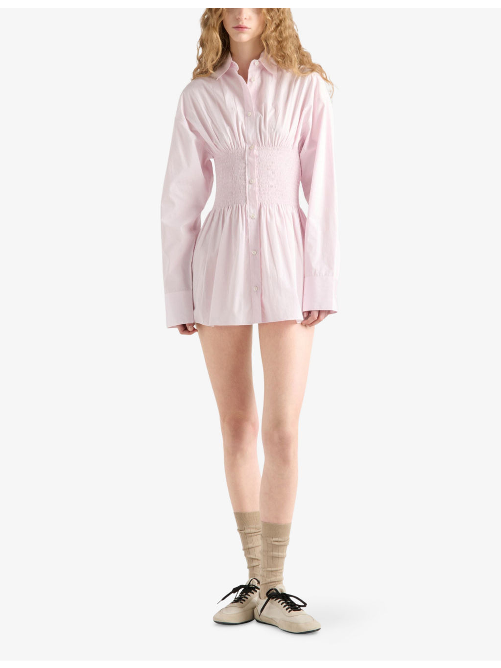 Smocked-Waist Long-Sleeve Classic Cotton Poplin Shirt - 2