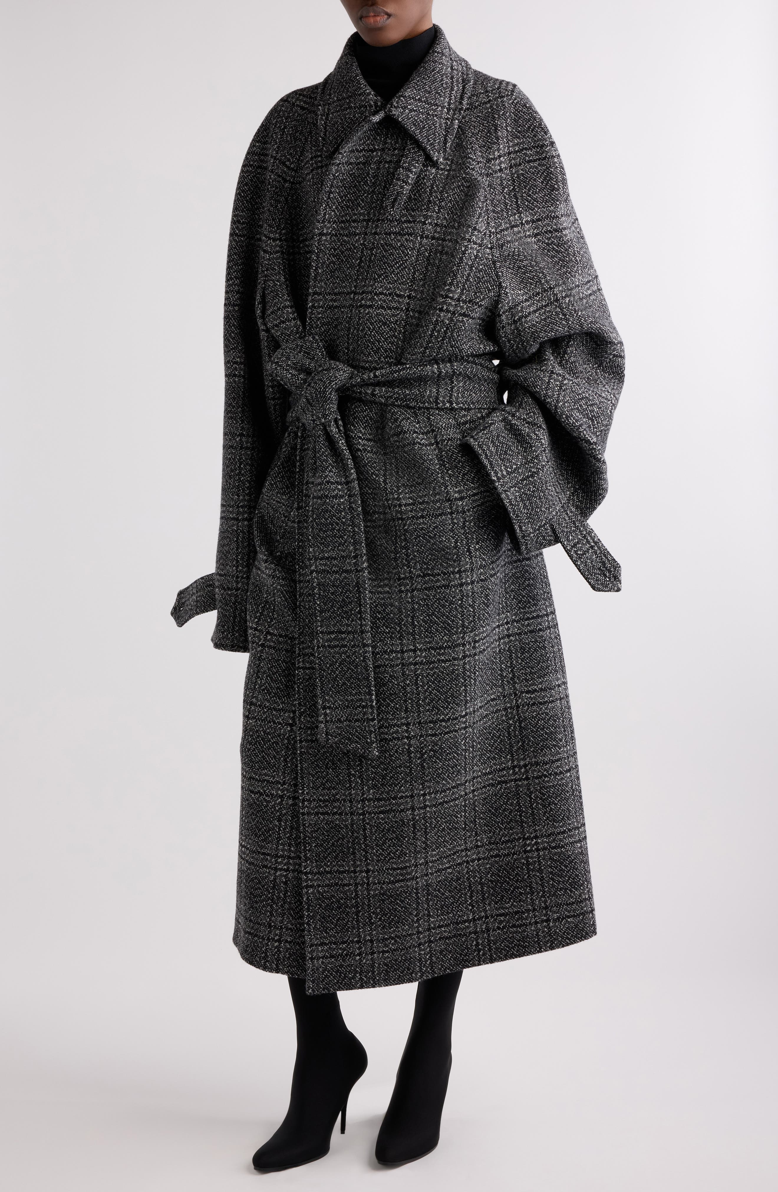 Balenciaga Check Oversize Wool Belted Coat in Black/Grey at Nordstrom - 4