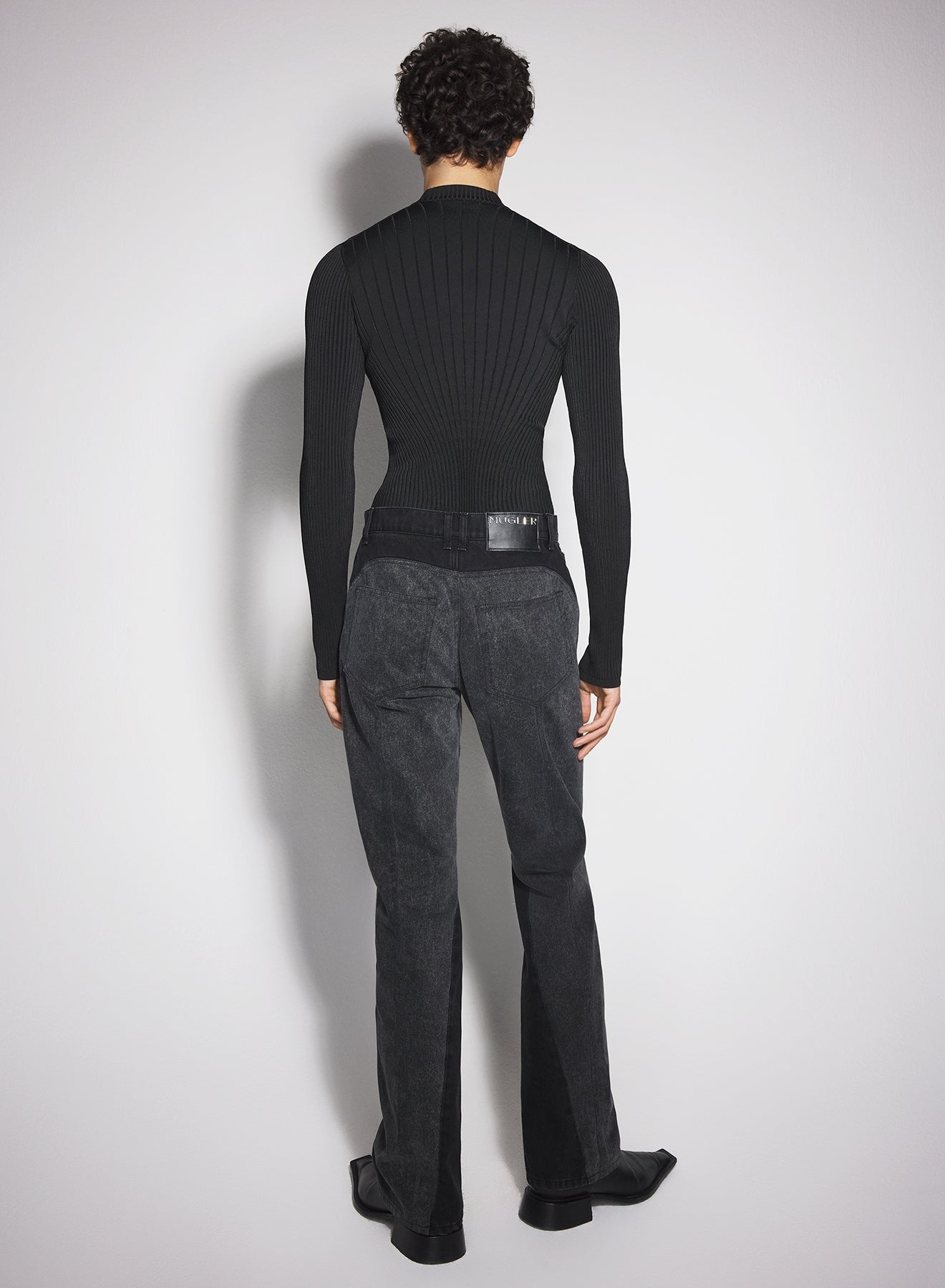 washed black bi-material straight leg jeans - 3
