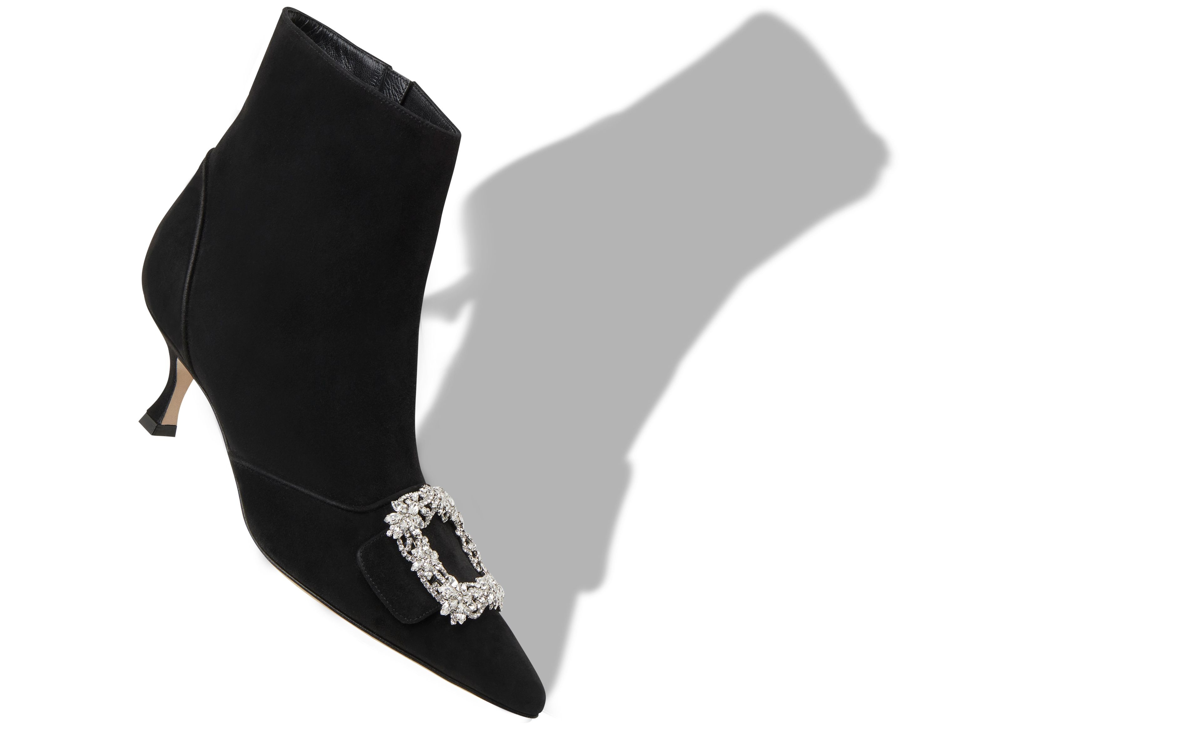 Black Suede Crystal Buckle Ankle Boots - 2