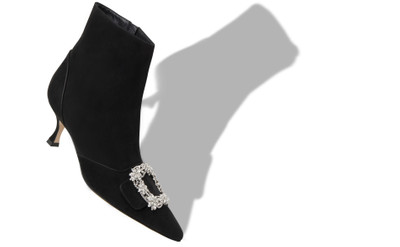 Manolo Blahnik Black Suede Crystal Buckle Ankle Boots outlook