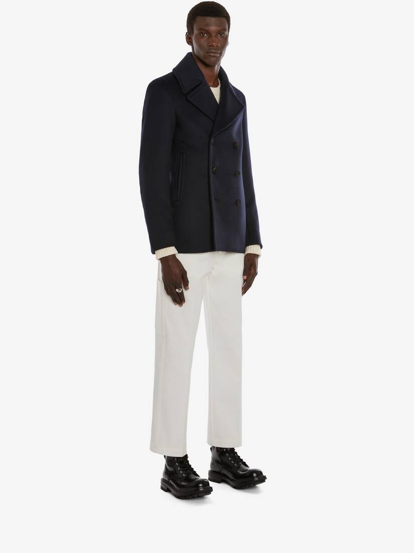 Wool Felt Skeleton Peacoat in Navy - 3