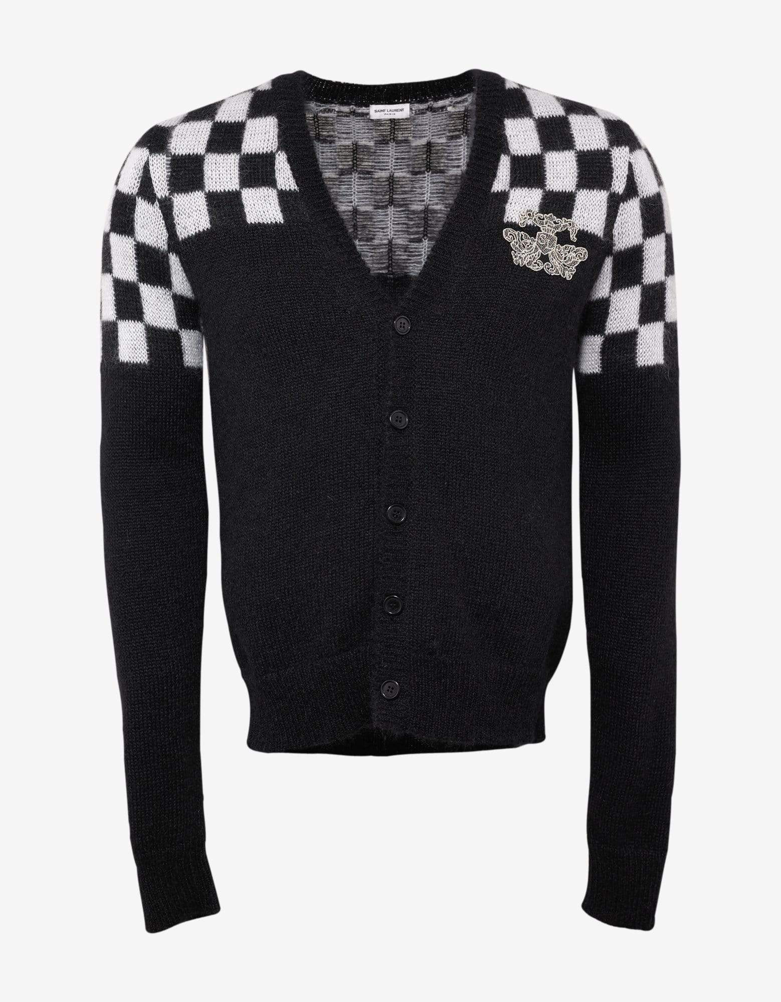 Saint Laurent Black & White Check Mohair Blend Cardigan - 1