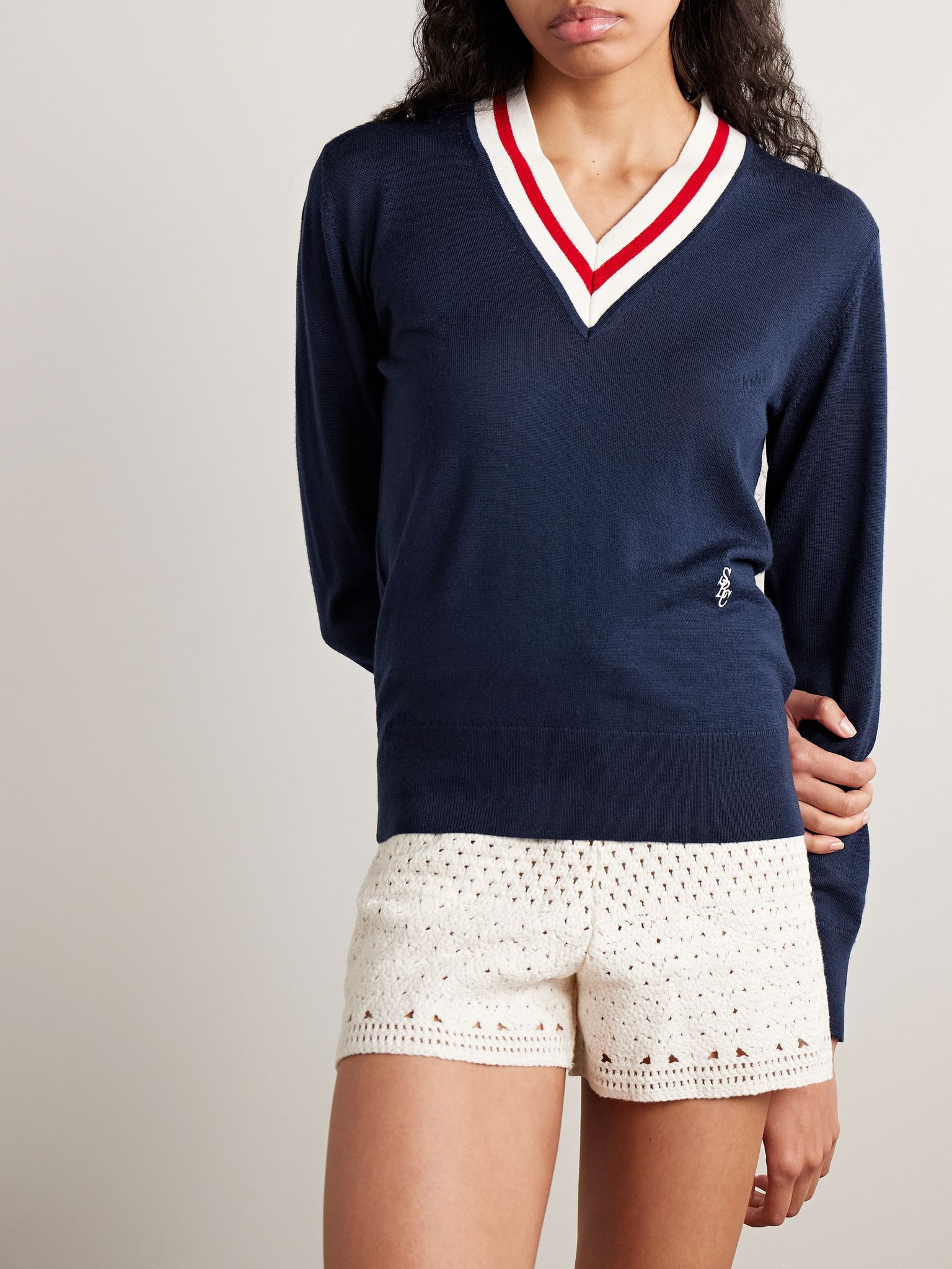 Embroidered striped merino wool sweater Navy - 3