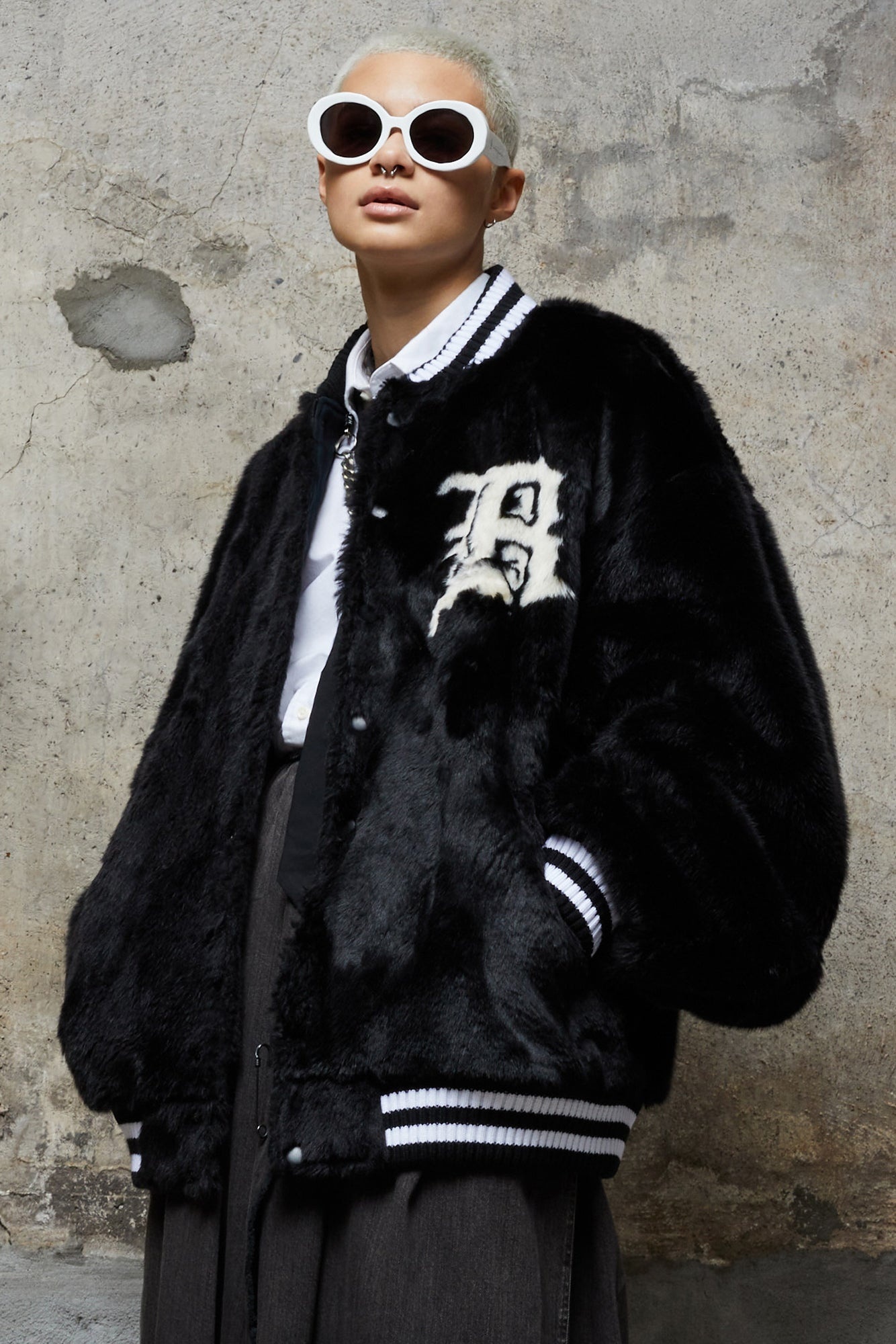 FURRY LOGO BOMBER - BLACK - 1