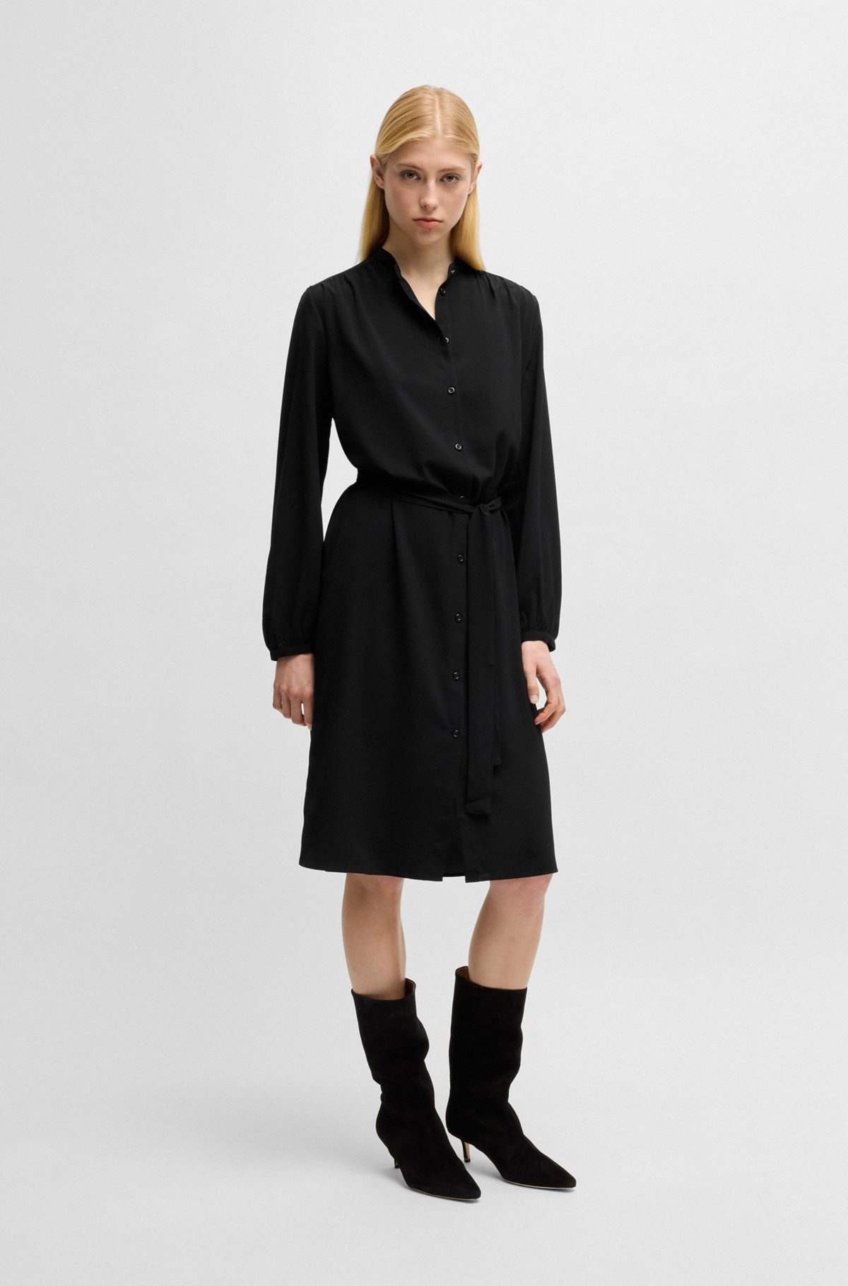 BELTED SHIRT DRESS IN CREPE GEORGETTE WITH STAND COLLAR - 3