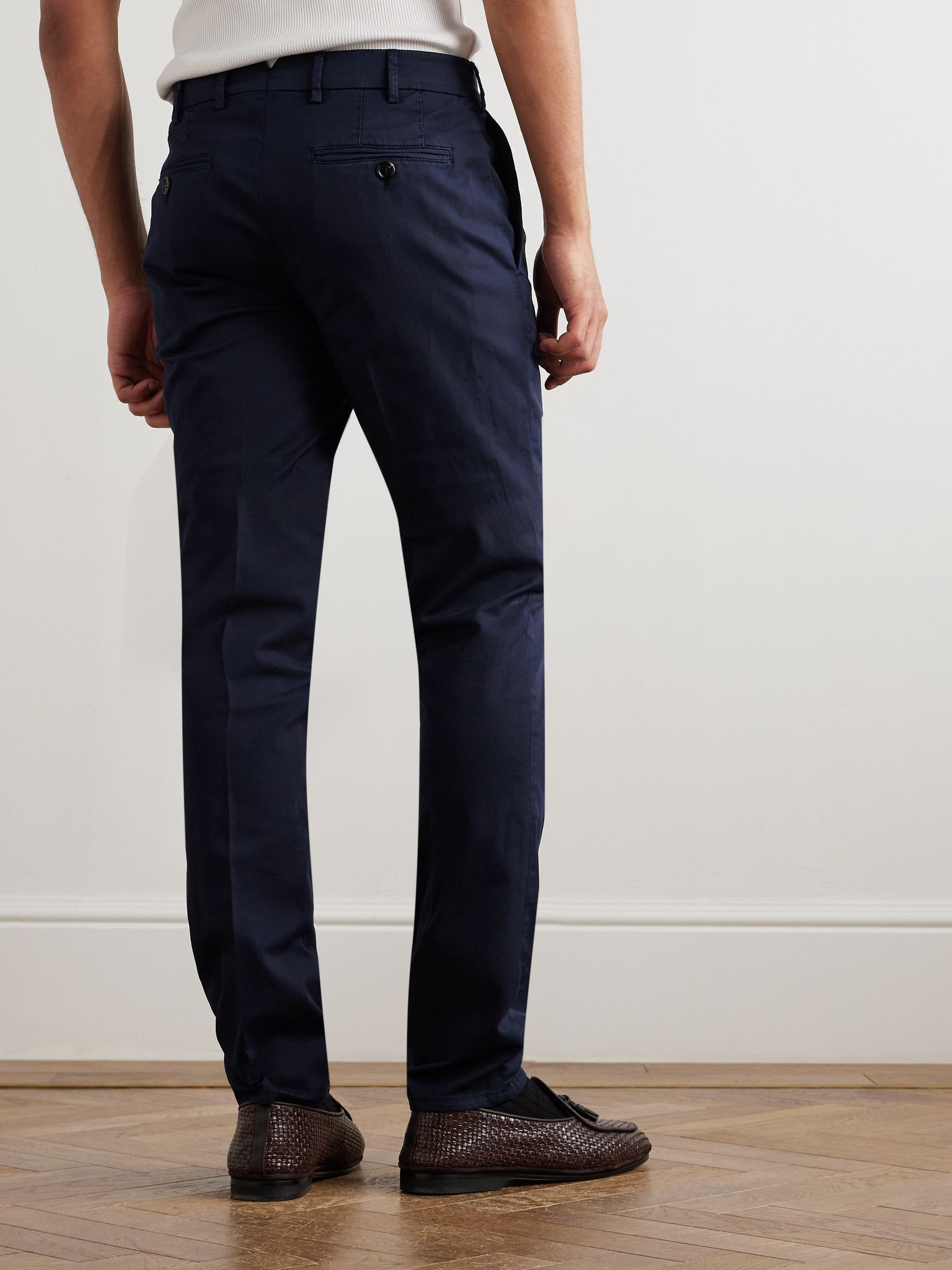 Slim-Fit Tapered Stretch-Cotton Twill Trousers Navy - 4