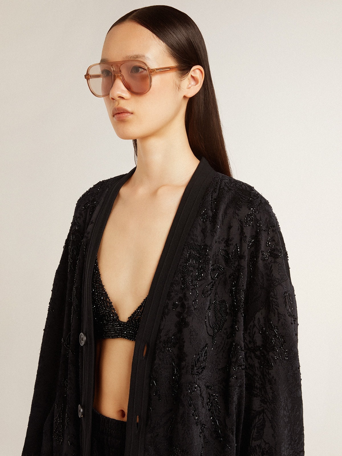 Women's black cardigan with tone-on-tone toile de jouy bead embroidery - 5