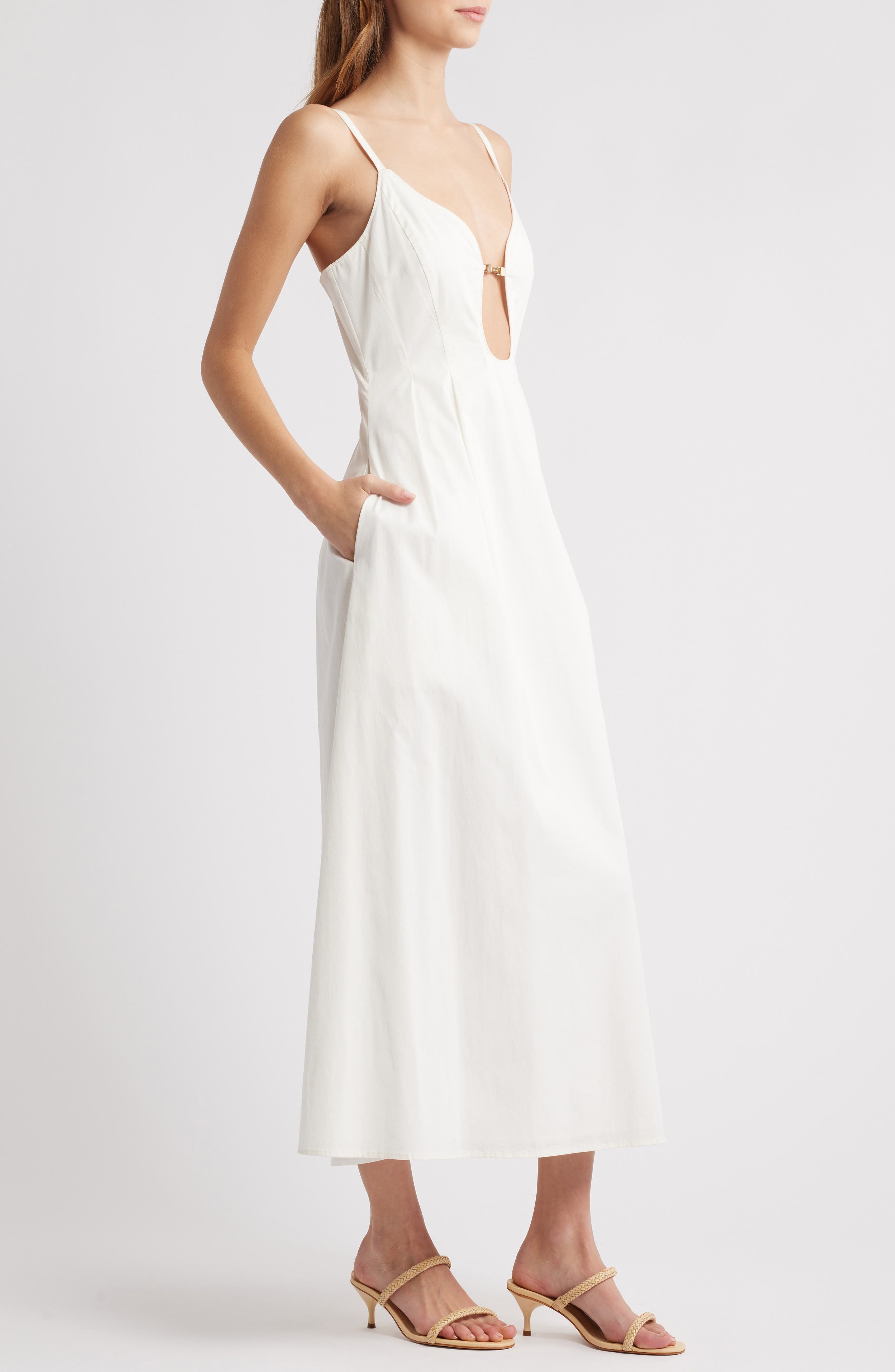 Cult Gaia Ellaria Plunge Stretch Poplin Midi Dress in Off White at Nordstrom - 3