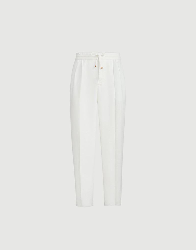 Garment-dyed trousers in linen gabardine with drawstring and double pleats 1