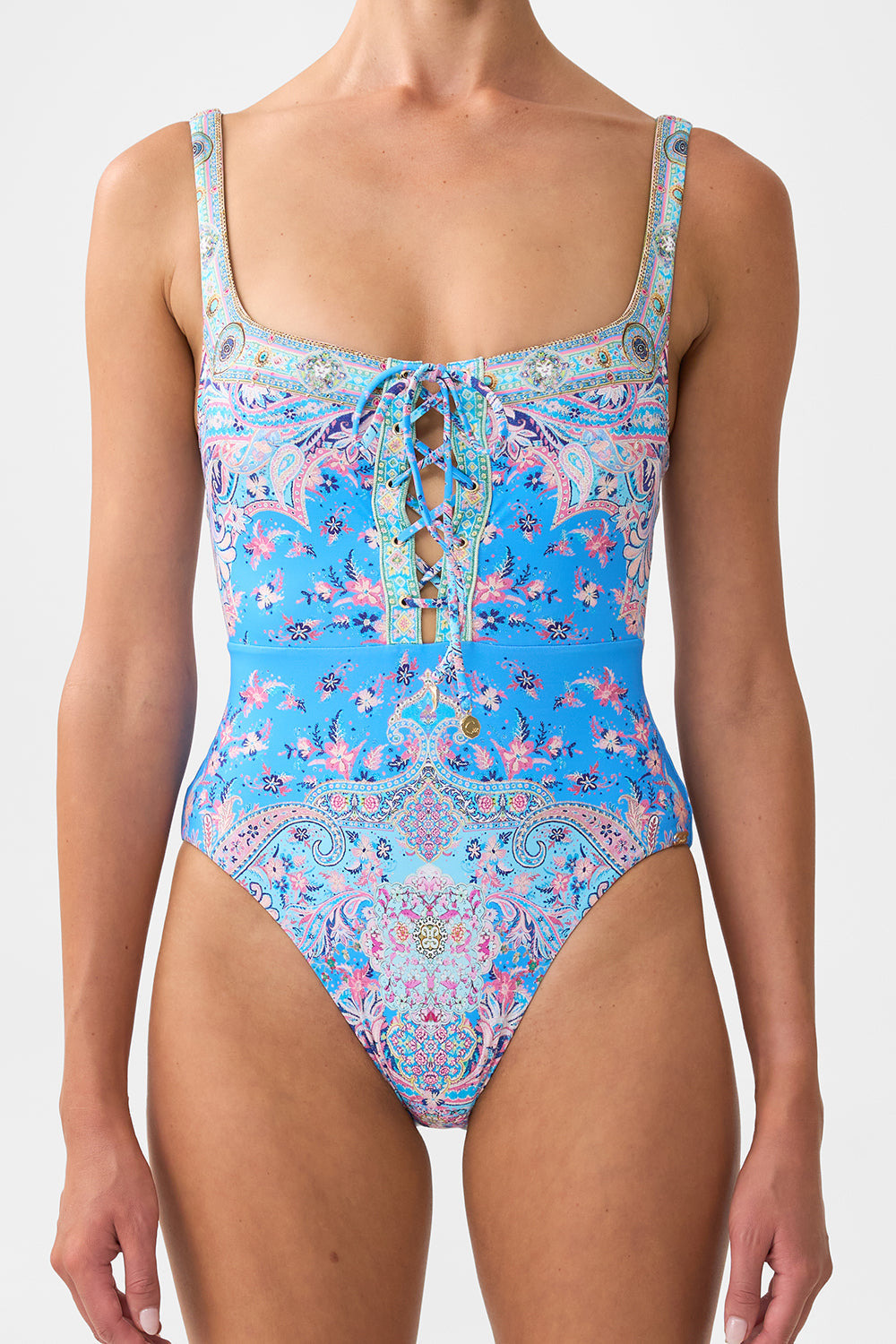 LACE UP UNDERWIRE SQUARE NECK ONE PIECE - 6