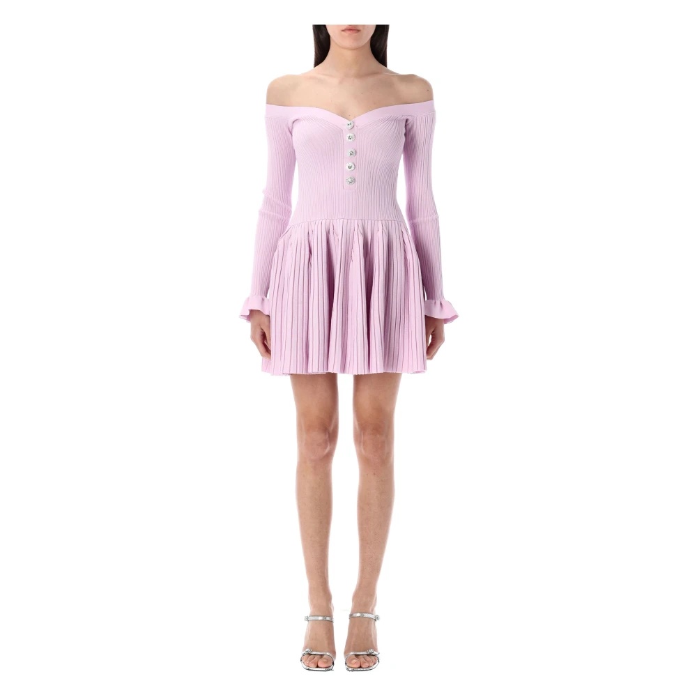 ワンピース SELF PORTRAIT PINK RIBBED KNIT OFF SHOULDER MINI DRESS Pink Textured Knit Mini Dress – self-portrait-US