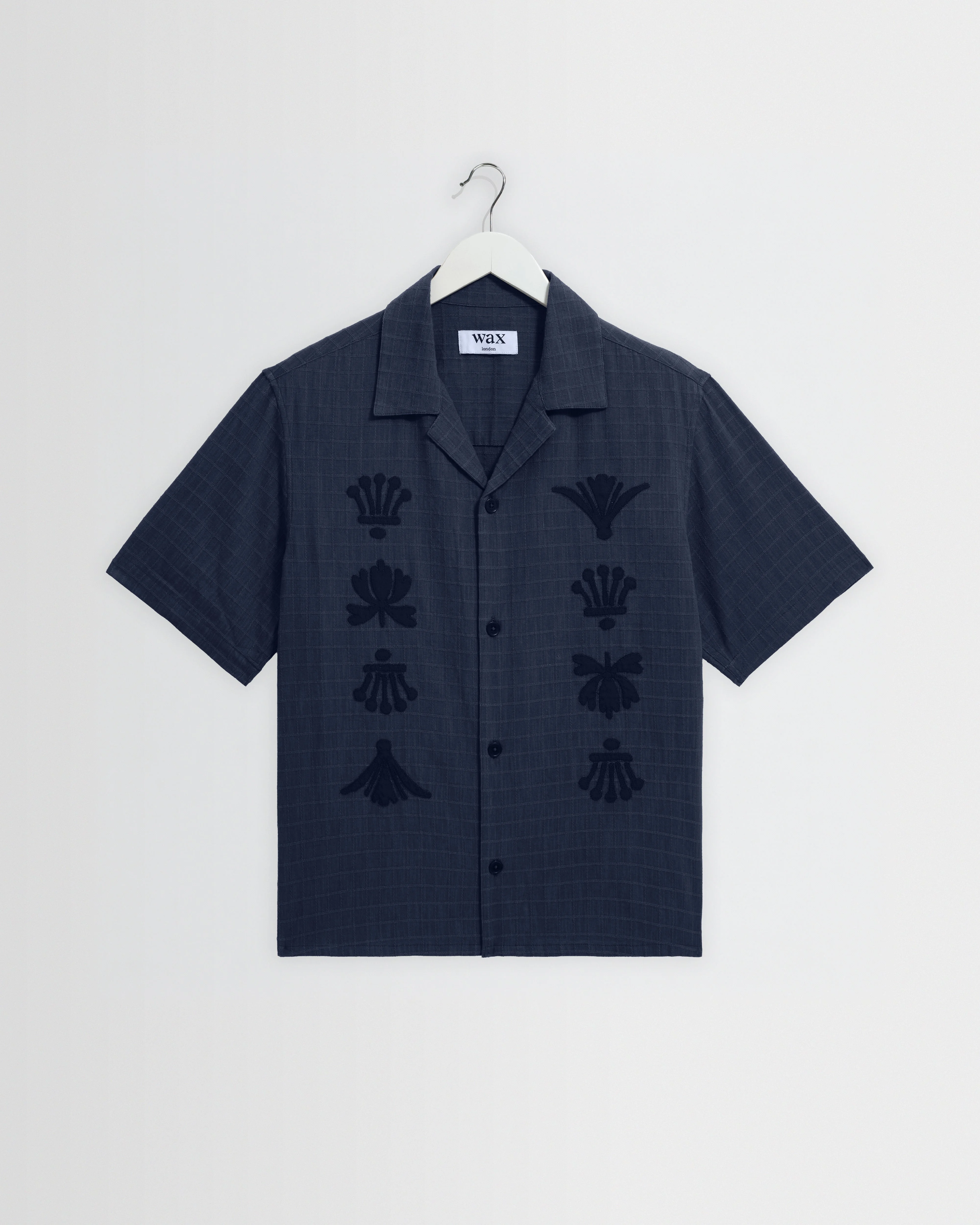 Curzon - Navy Grid Applique Short-Sleeve Shirt - 1