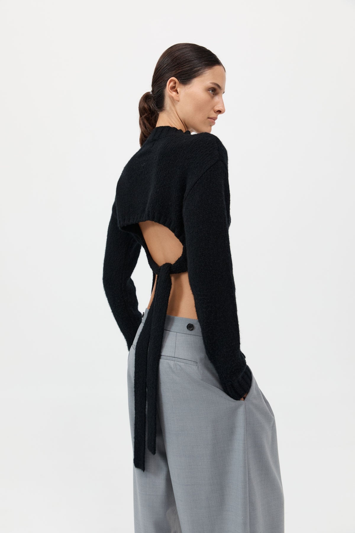 Wool Cashmere Blend Tie Back Jumper - Black - 3
