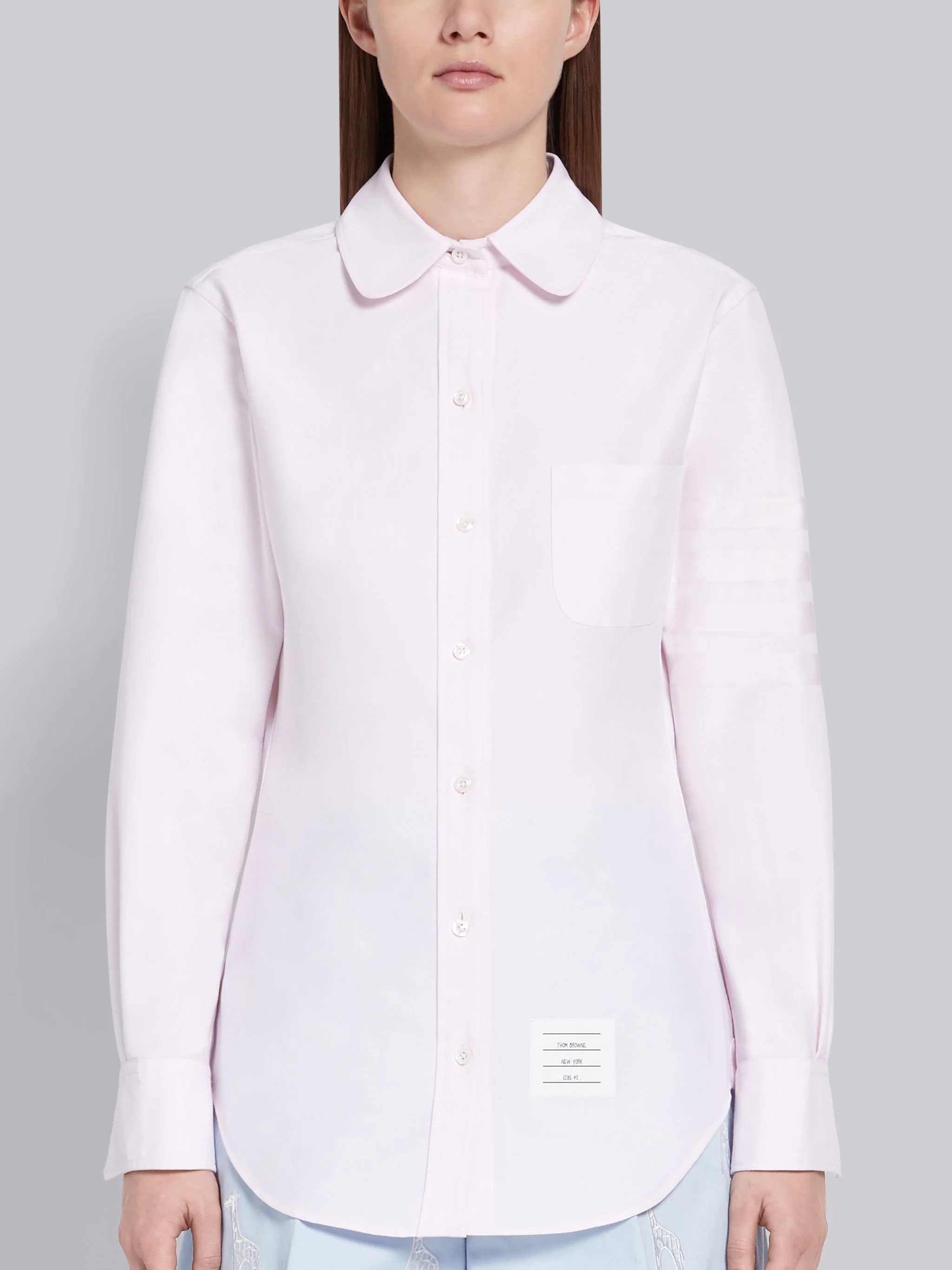 Light Pink Supima Cotton Oxford Satin Weave 4-Bar Long Sleeve Round Collar Shirt - 3