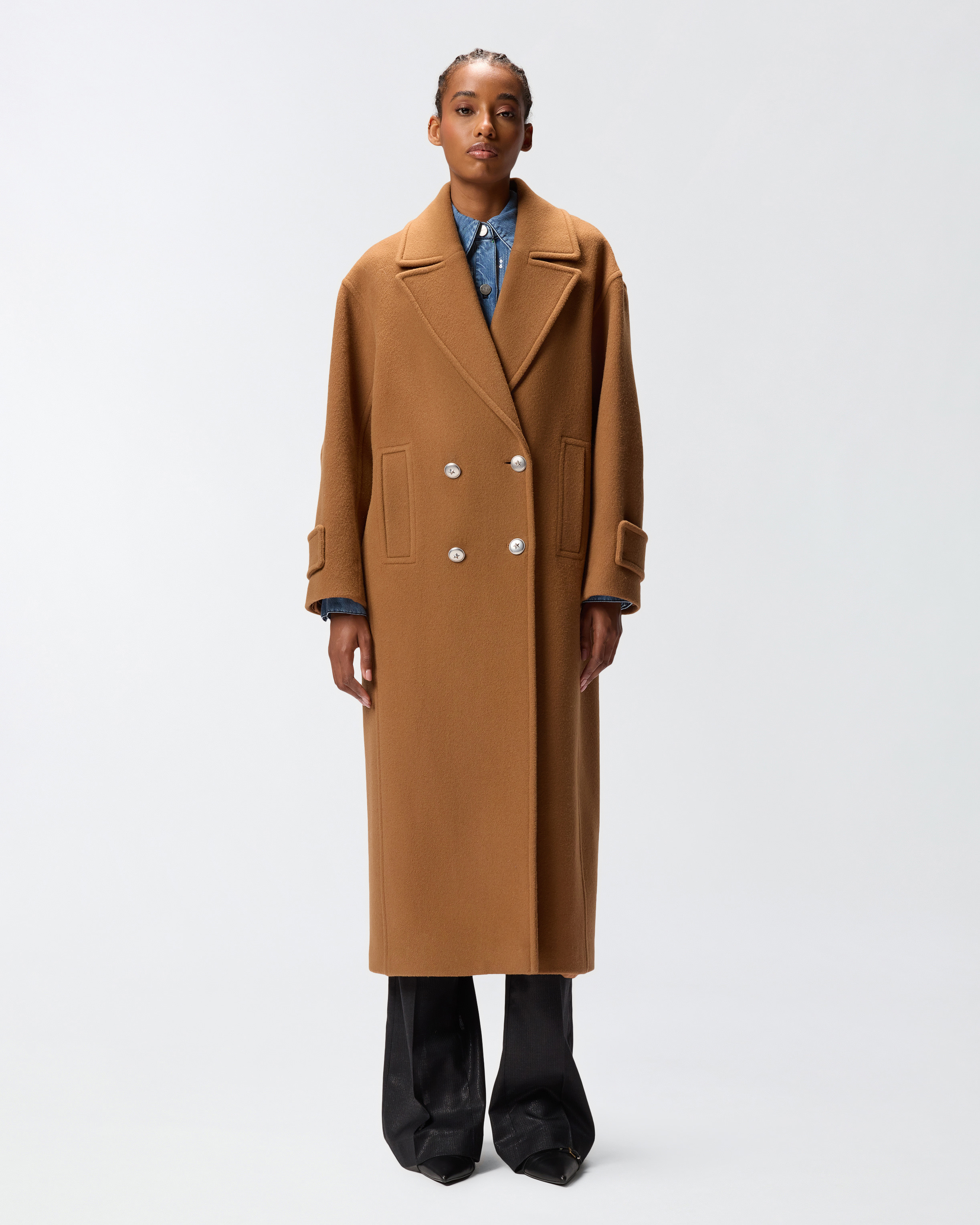 LONG DOUBLE-BREASTED WOOL-BLEND CLOTH COAT - 3