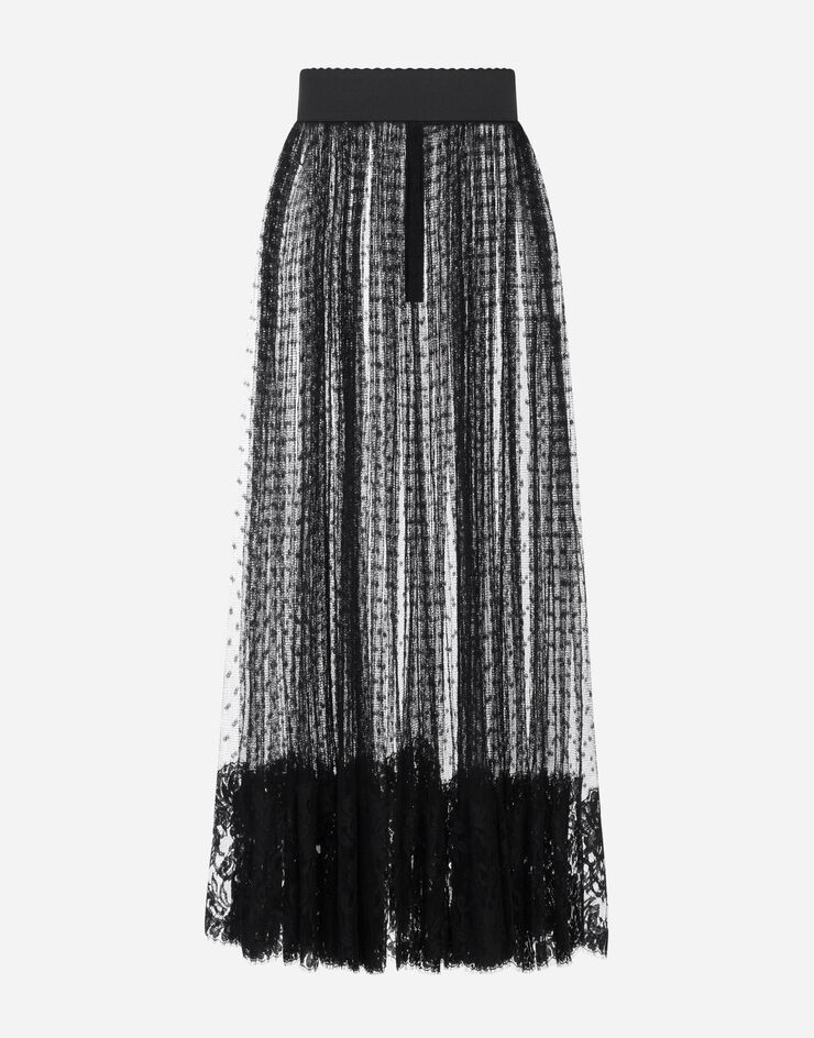 Pleated calf-length skirt in chantilly lace and plumetis - 3