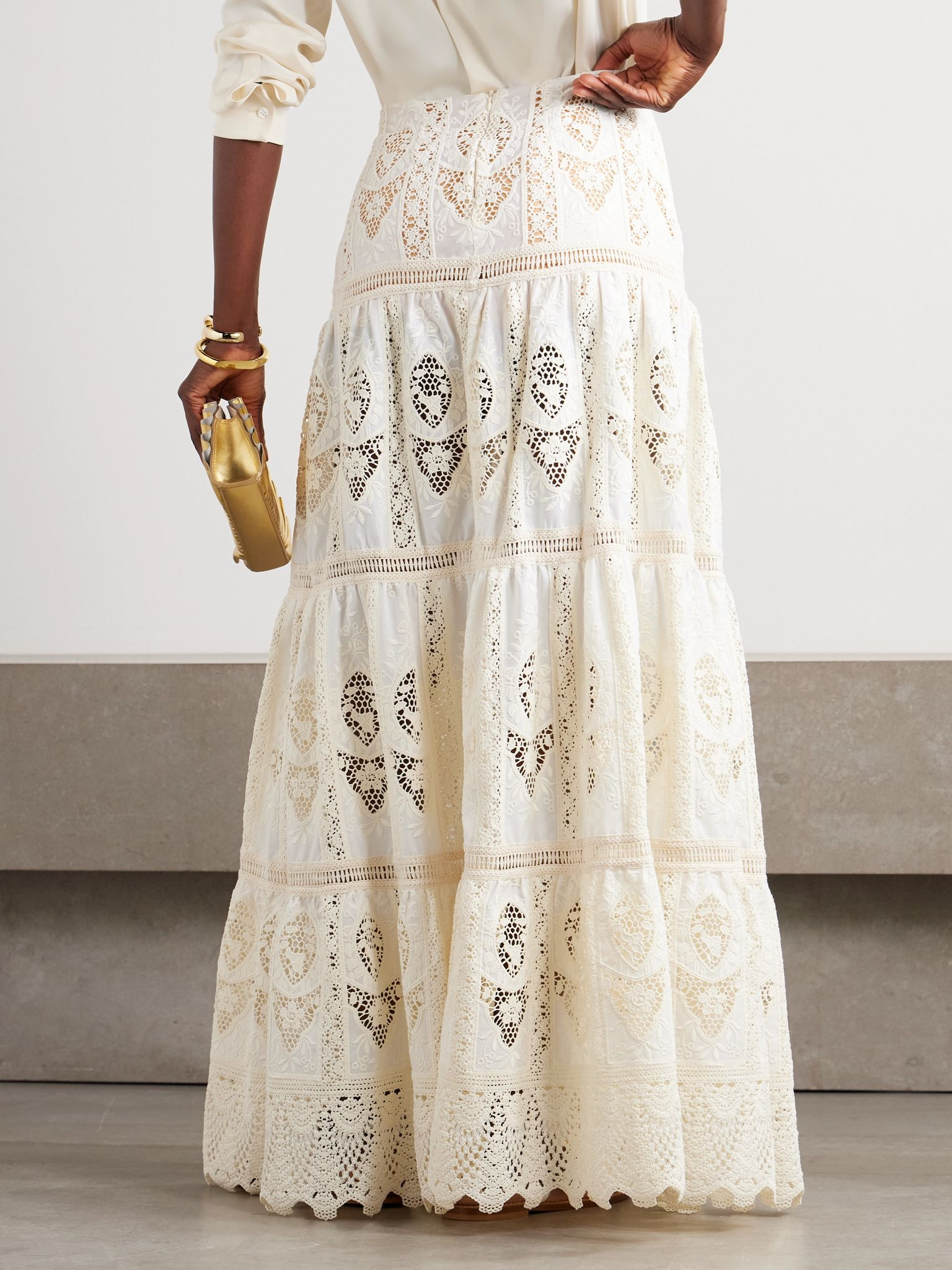 Highlighted Fields tiered lace-trimmed embroidered voile maxi skirt White - 3