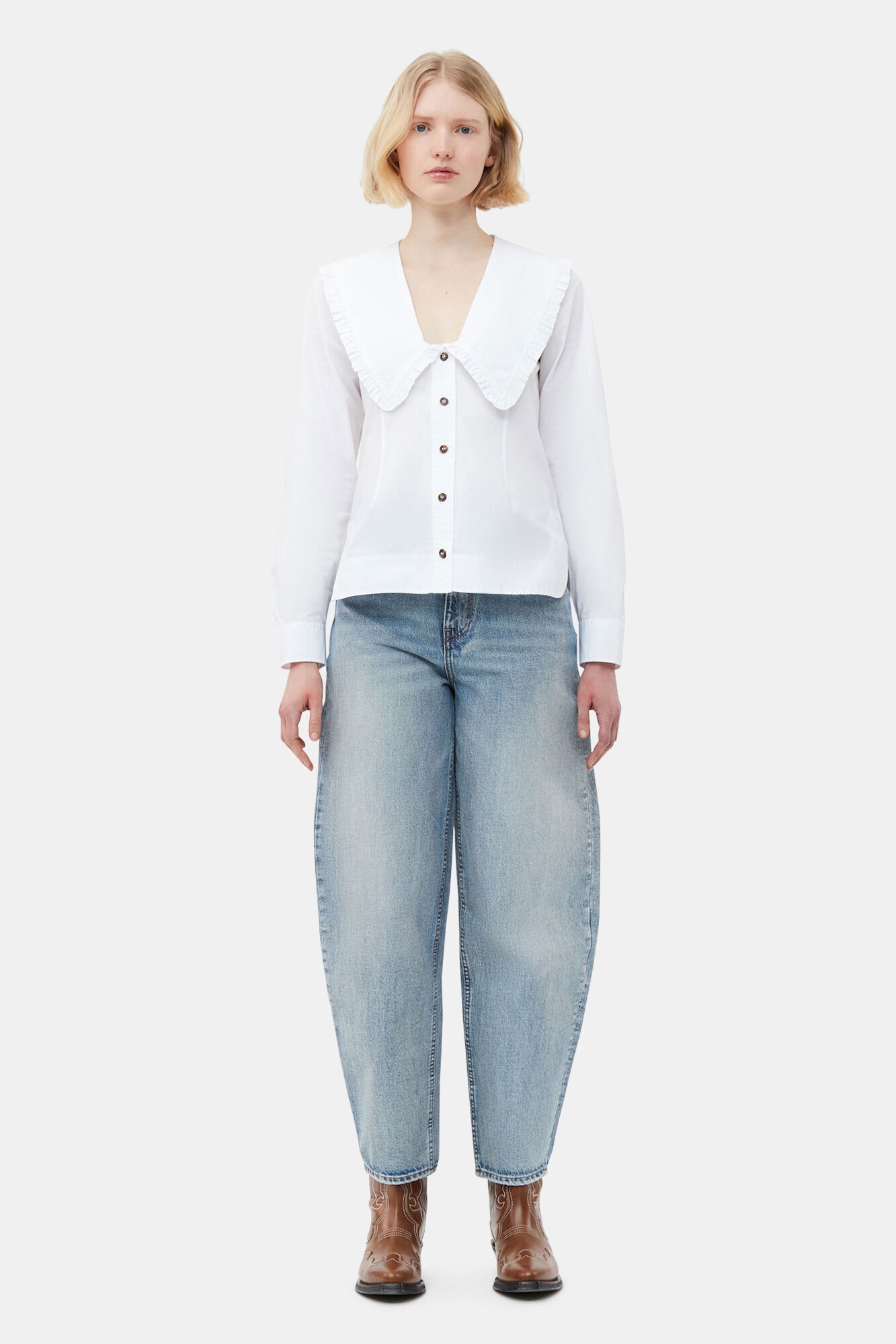 COTTON POPLIN V-NECK FRILL COLLAR SHIRT - 3