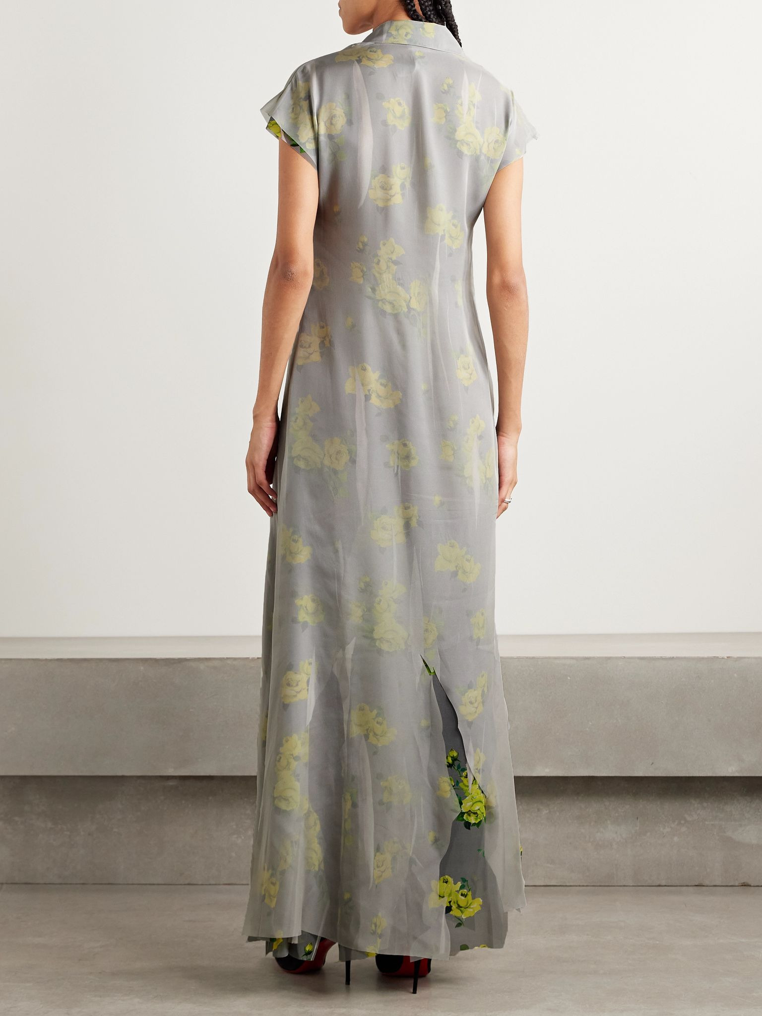 Layered chiffon and floral-print crepe maxi dress Gray - 4