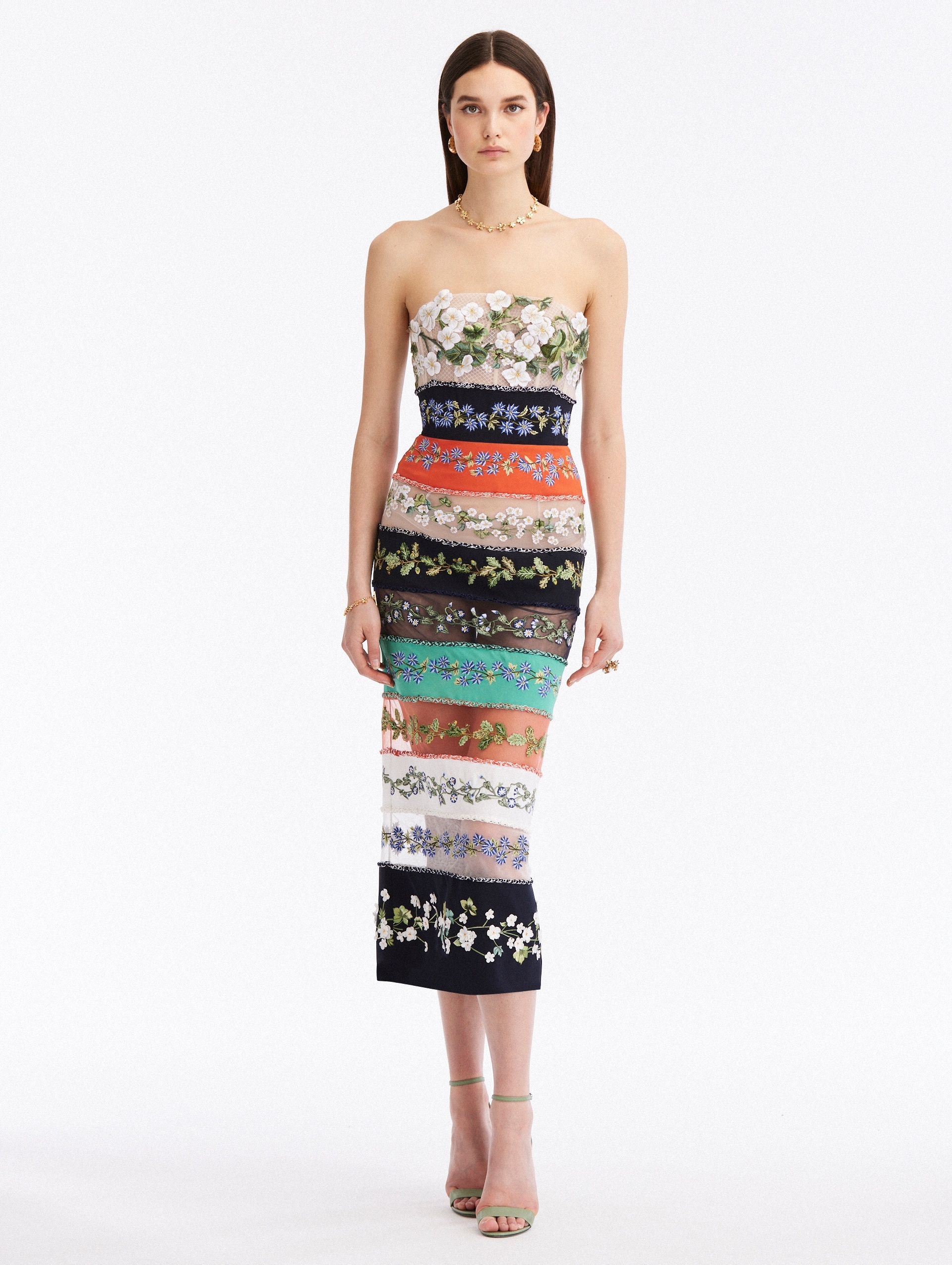 BOTANICAL STRIPE THREADWORK PENCIL DRESS